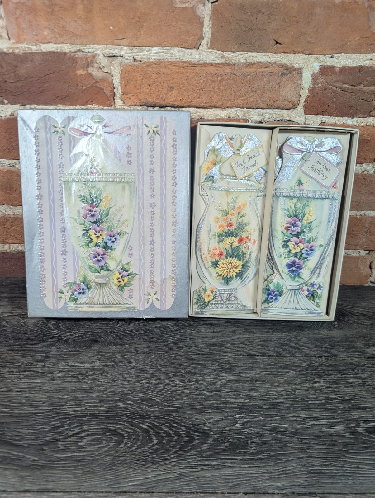 Vtg 1950s Crystal Bouquet 18 Unused Floral Greeting Cards Boxed Embossed Silver