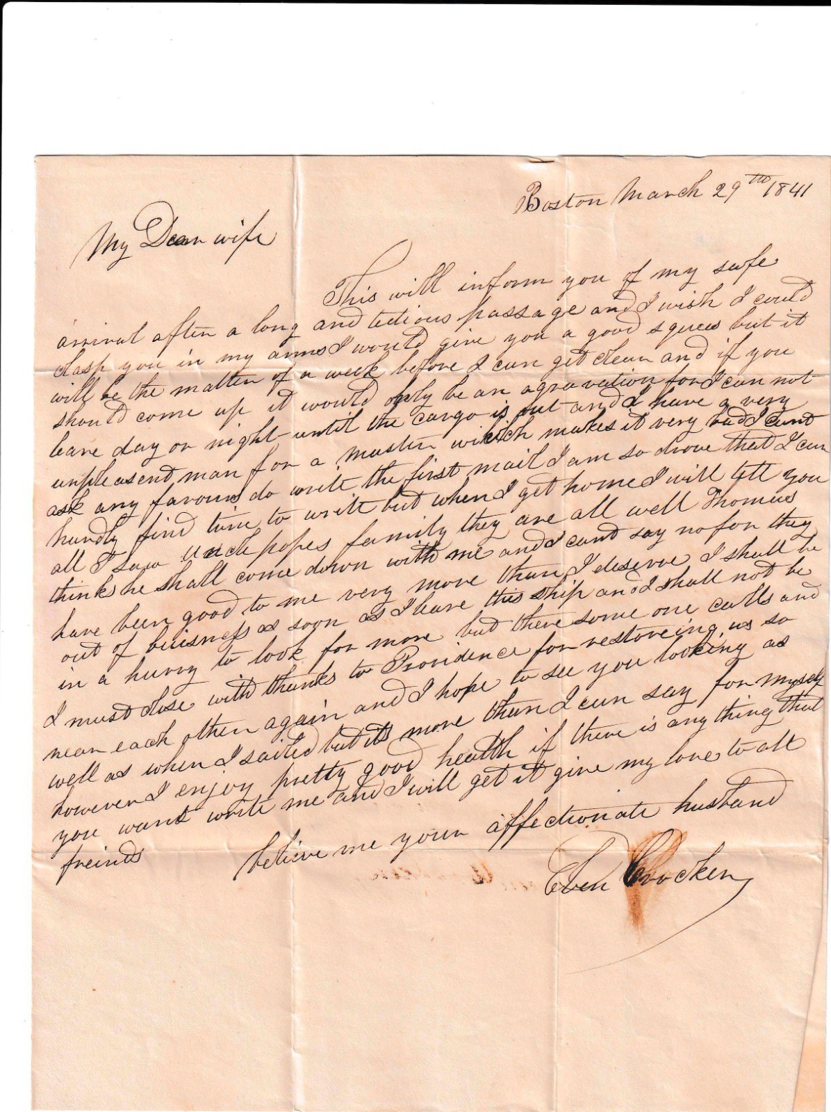1841 Eben Crocker Stampless Maritime Letter 1845 NYC Fire Association