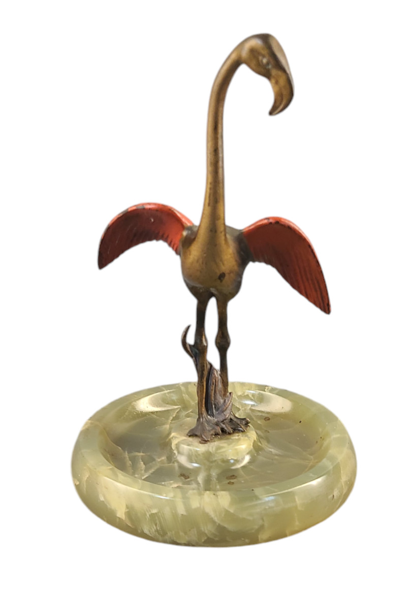 Antique Austrian Bronze Marked Polychrome Painted Flamingo Bird Green Onyx Tray