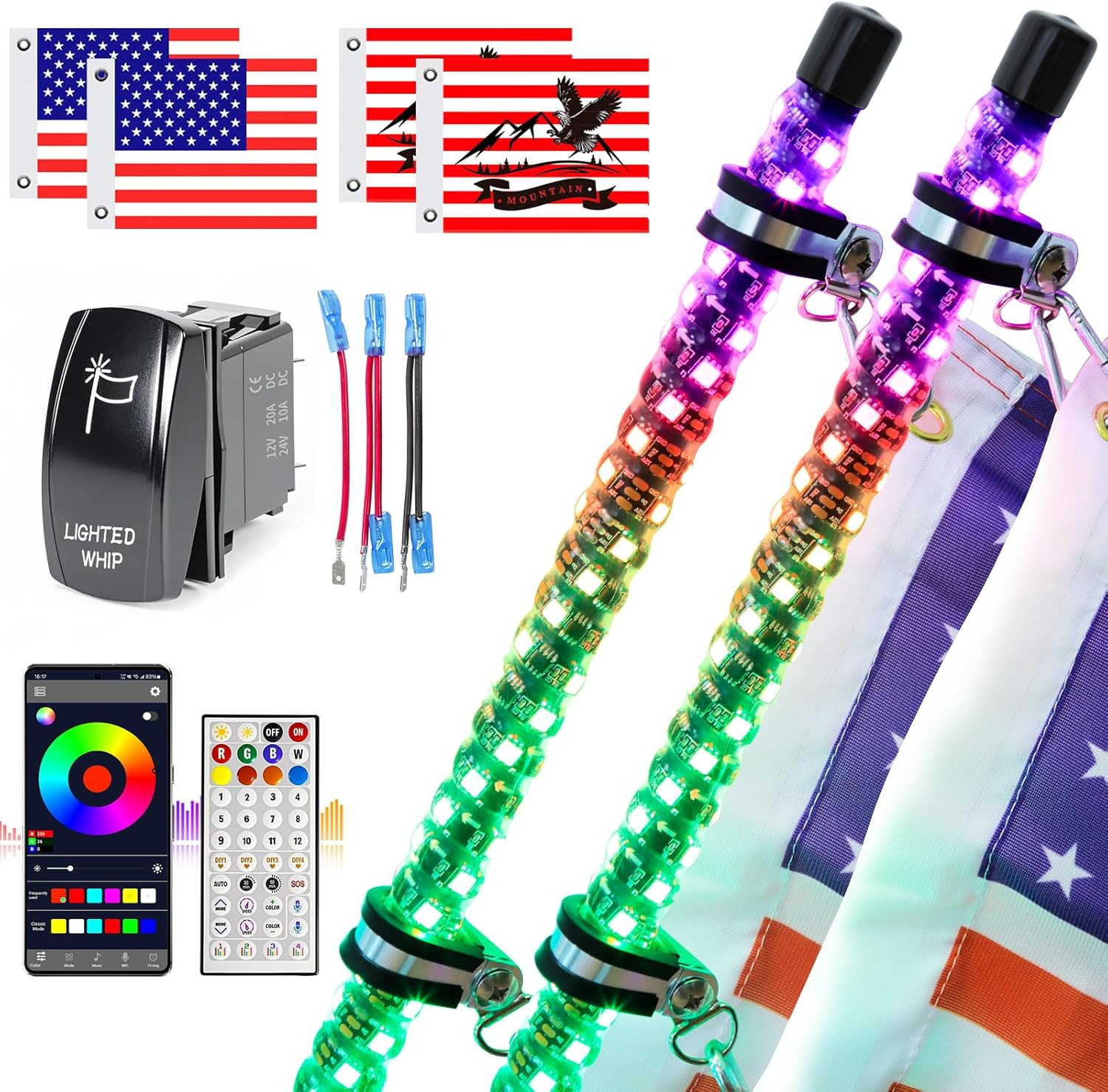 2PCS 4FT LED Whip Lights with Spring Base Spiral RGB Chasing Lights with APP & R