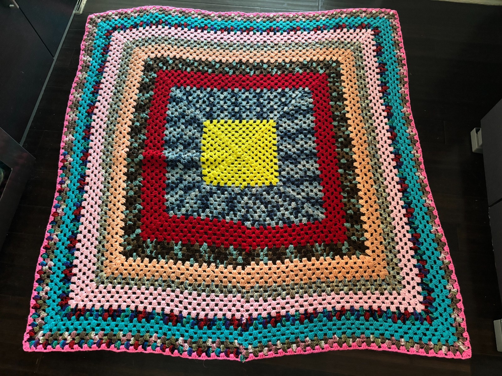 Vintage Handmade Crochet Afghan Blanket Giant Granny Square Boho Throw Pink 68