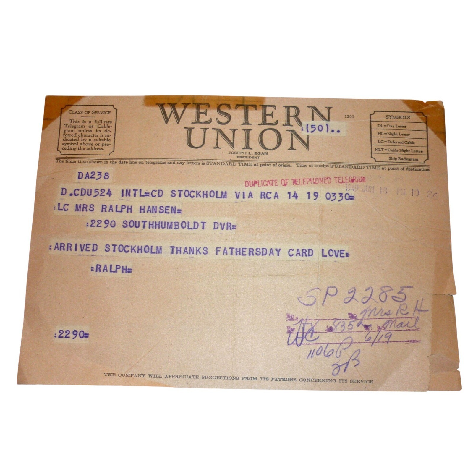 Vintage 1949 Western Union Telegram Stockholm to Denver Fathers Day Ephemera