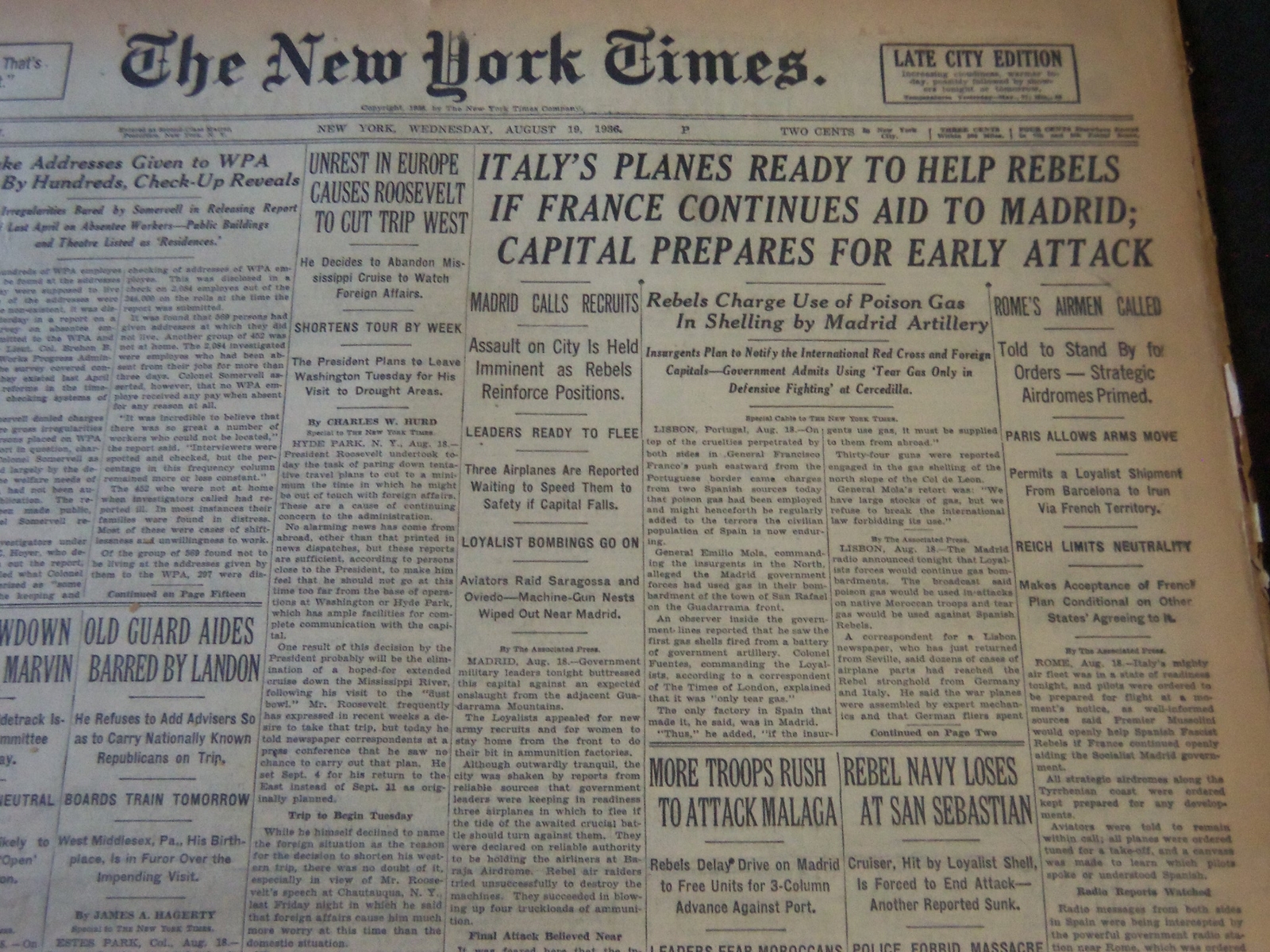1936 AUGUST 19 NEW YORK TIMES - ITALY'S PLANES READY TO HELP REBELS - NT 6721