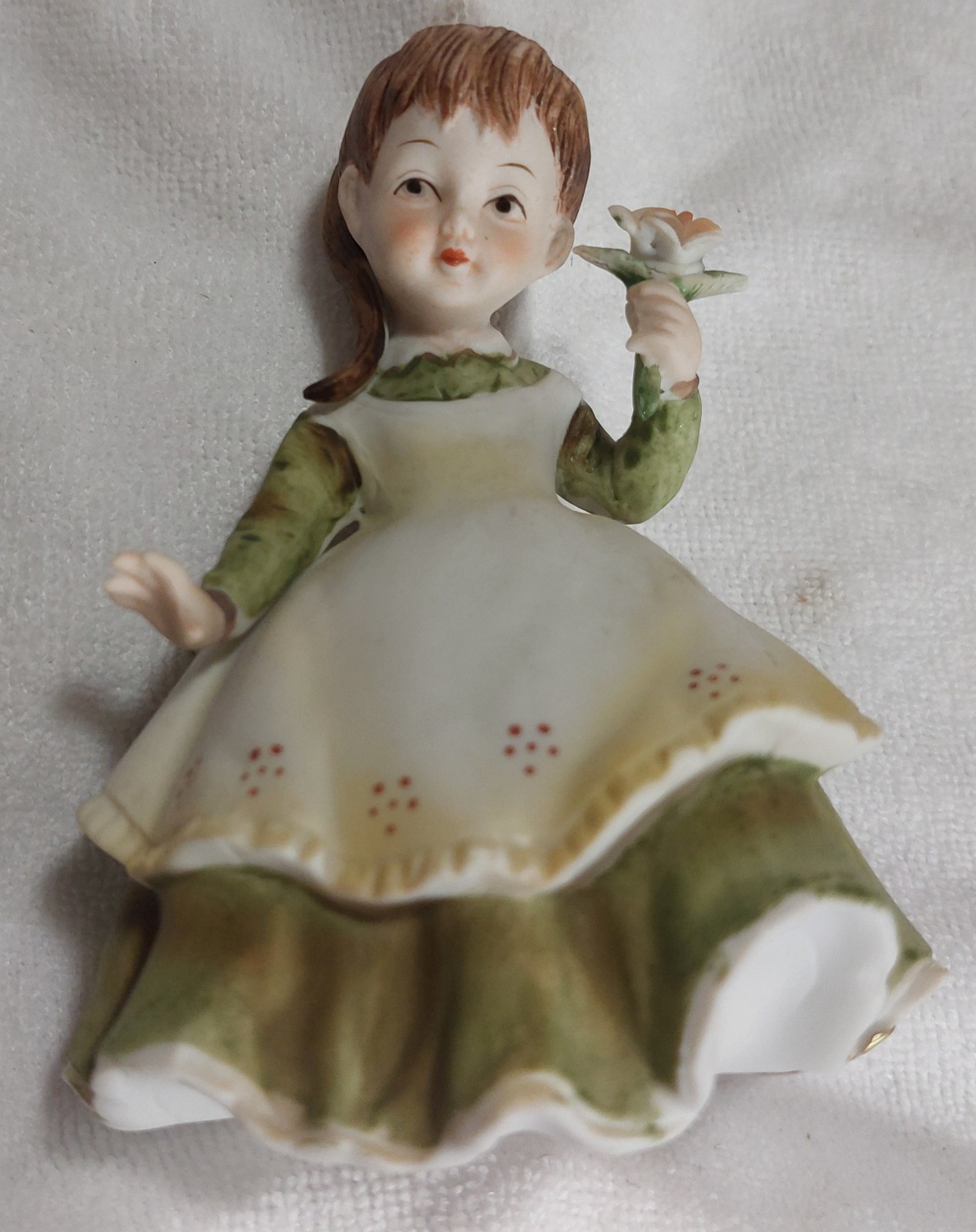 VTG Lefton #KW2817 China Bisque Porcelain Girl Figurine Grn Dress