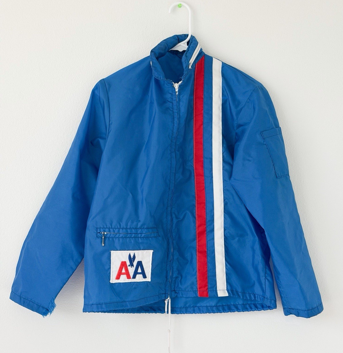 Vintage 80s American Airlines AA Logo Blue Zip-Up Jacket w/ Red & White Stripe