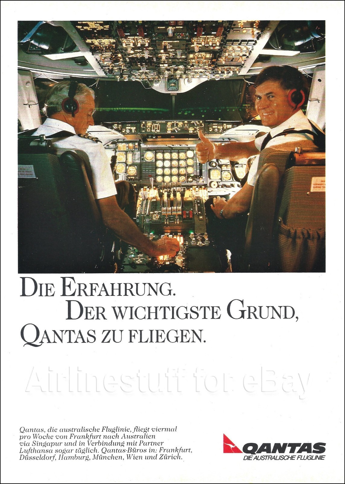 1989 QANTAS Airlines BOEING 747 PILOTS IN COCKPIT ad airways advert FRANKFURT
