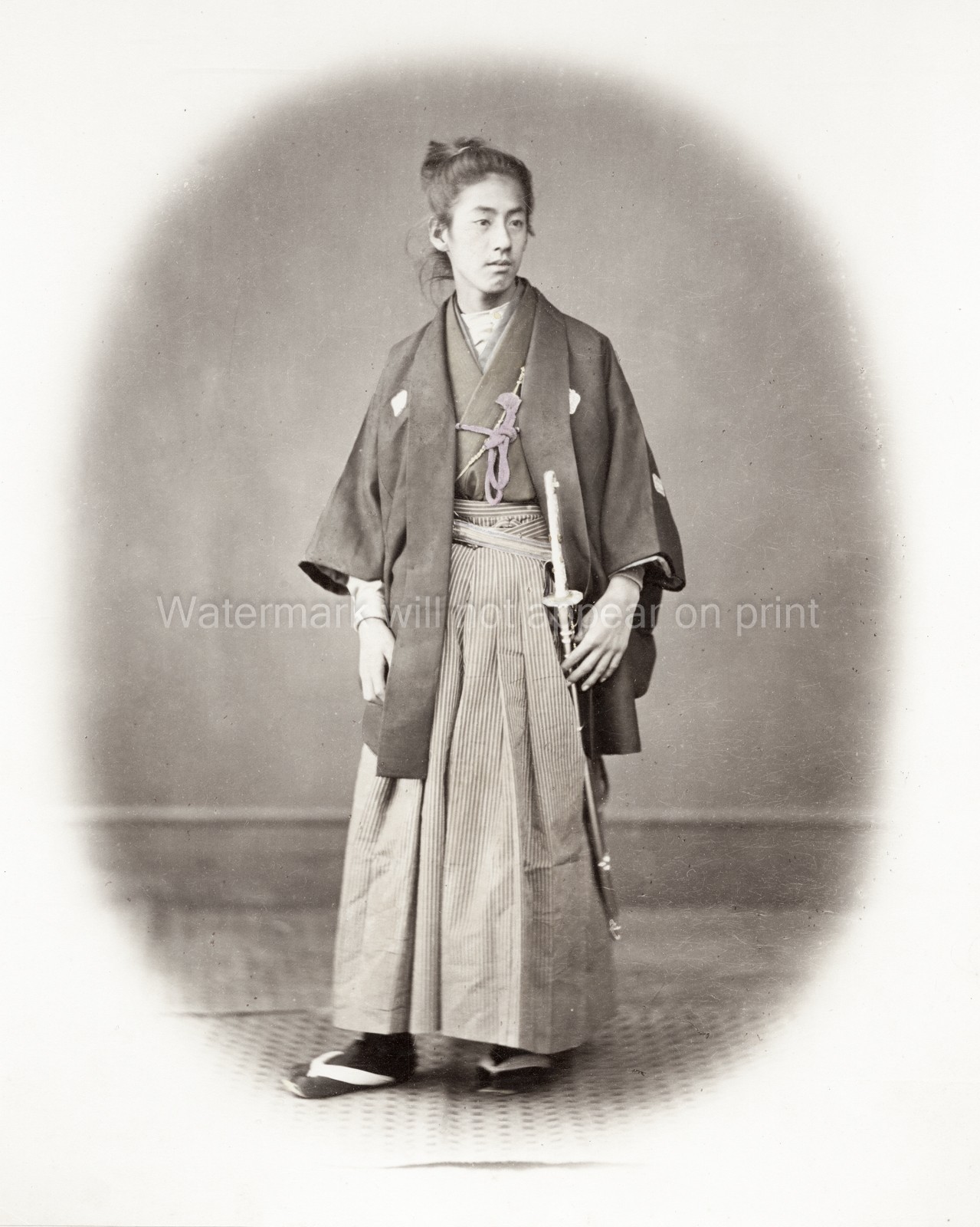 Japan Young Man Samurai Warrior Traditional Dress Kimono Sword Vtg. Photo 19thC.
