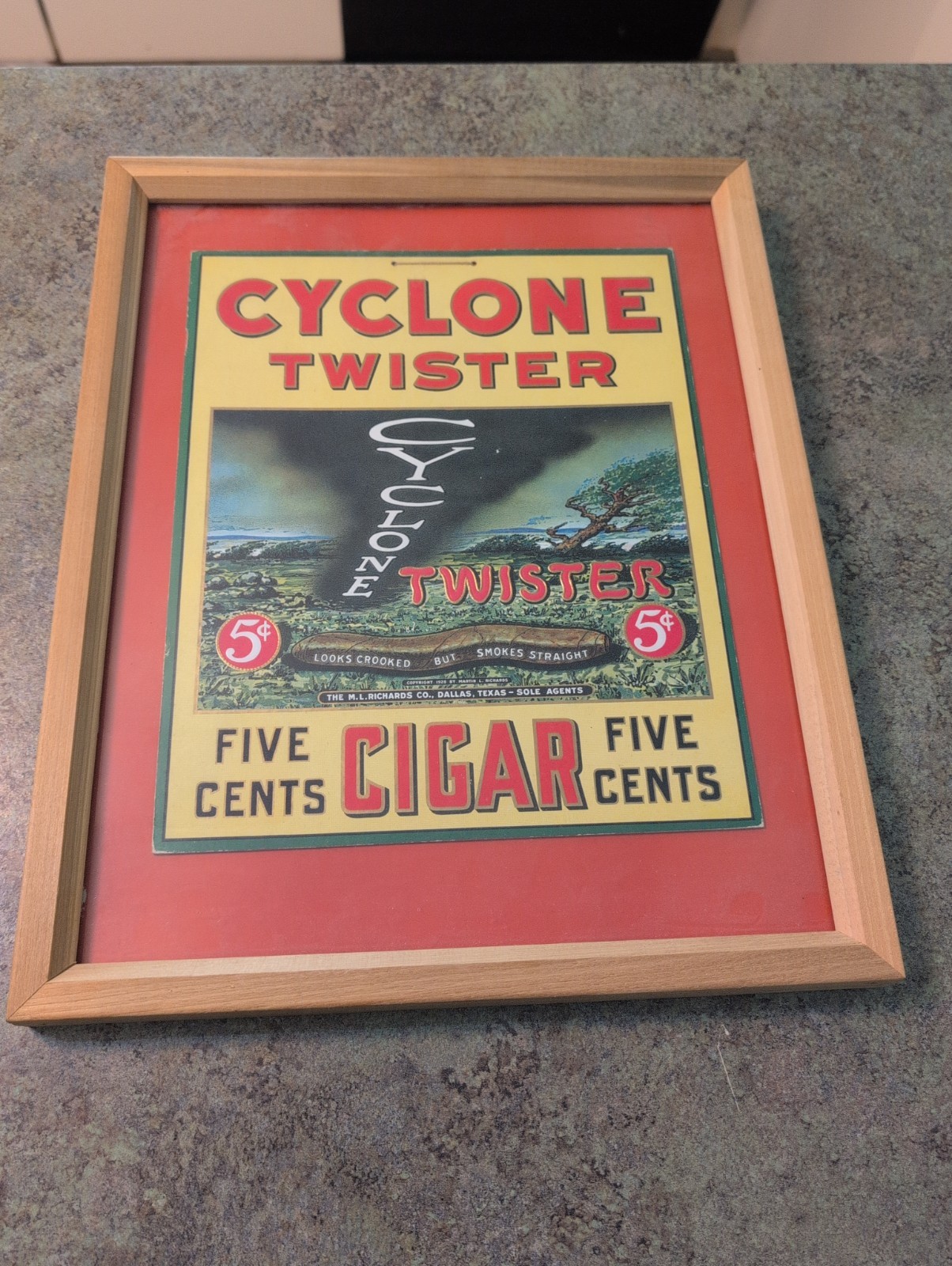 Antique 1928 Framed Cigar Advertising Label Cyclone Twister M.L.Richards Dallas