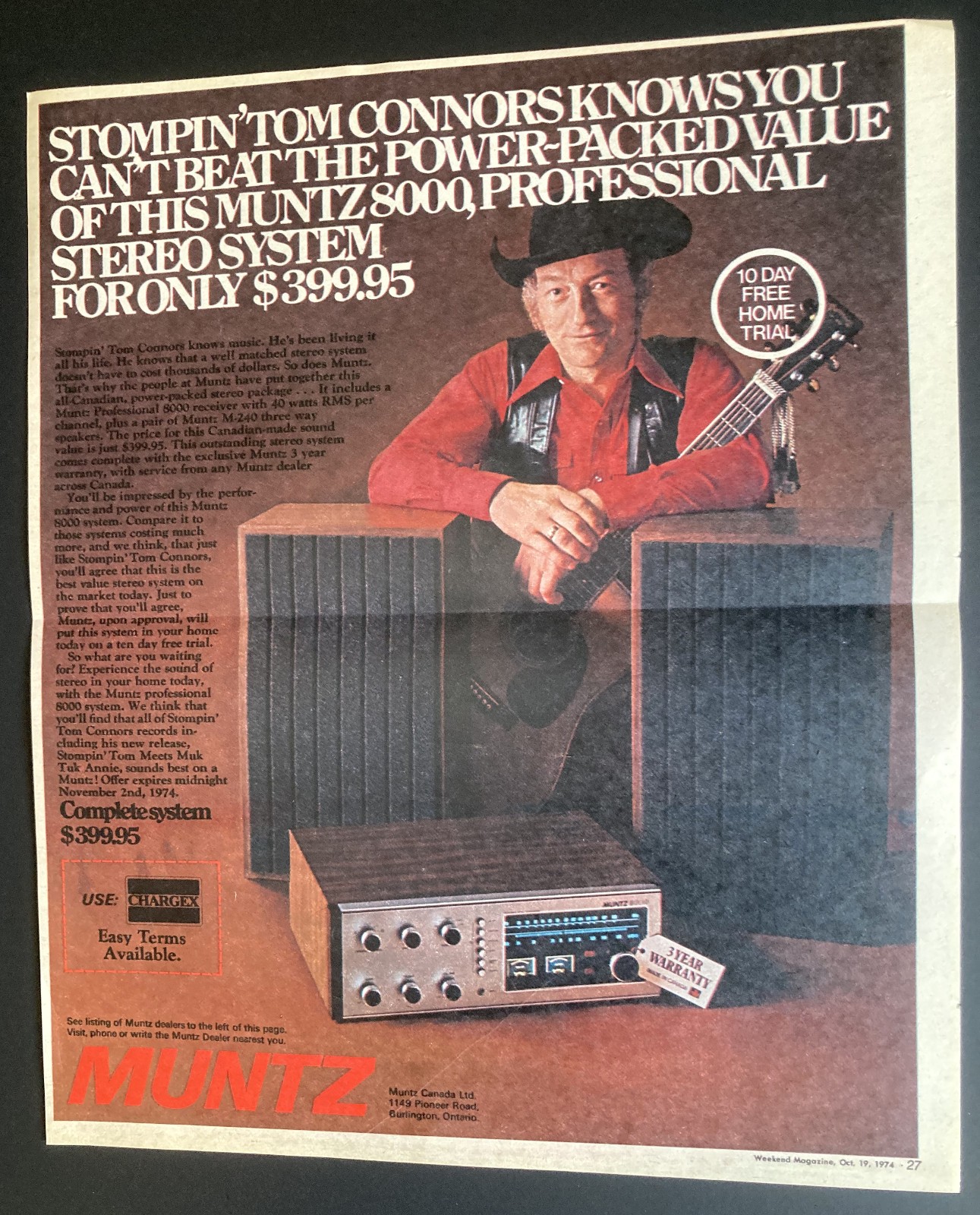 RARE 7 CANADIAN AD STOMPIN TOM CONNORS 1974 MUNTZ STEREO SYSTEM