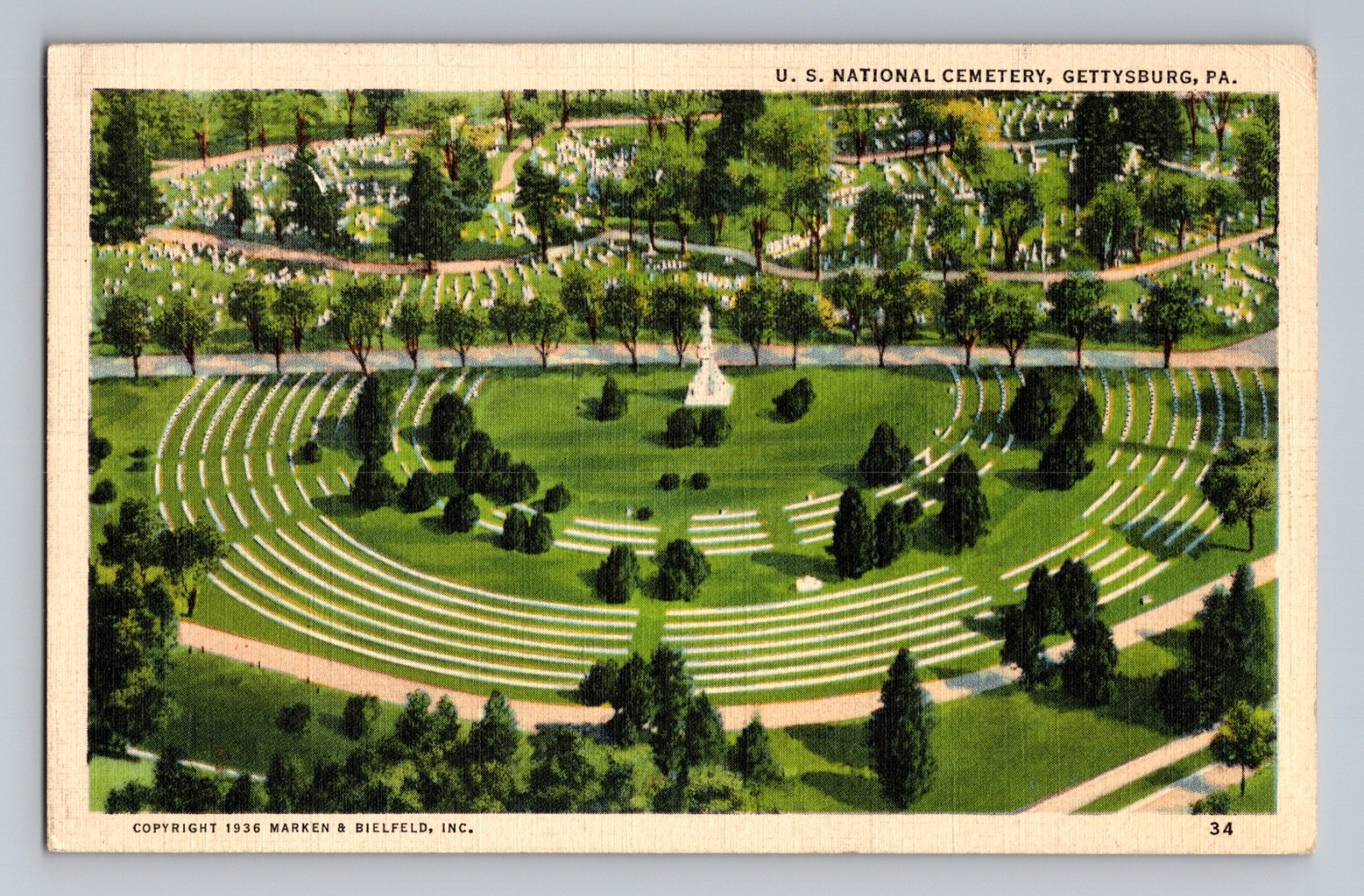 Aerial View U.S. National Cemetery Gettysburg Pennsylvania Postcard #34 1934