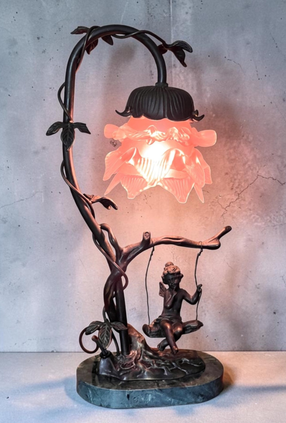 Andrea By Sadek Bronze Art Nouveau Swinging Cherub Lamp With Green Marble Base