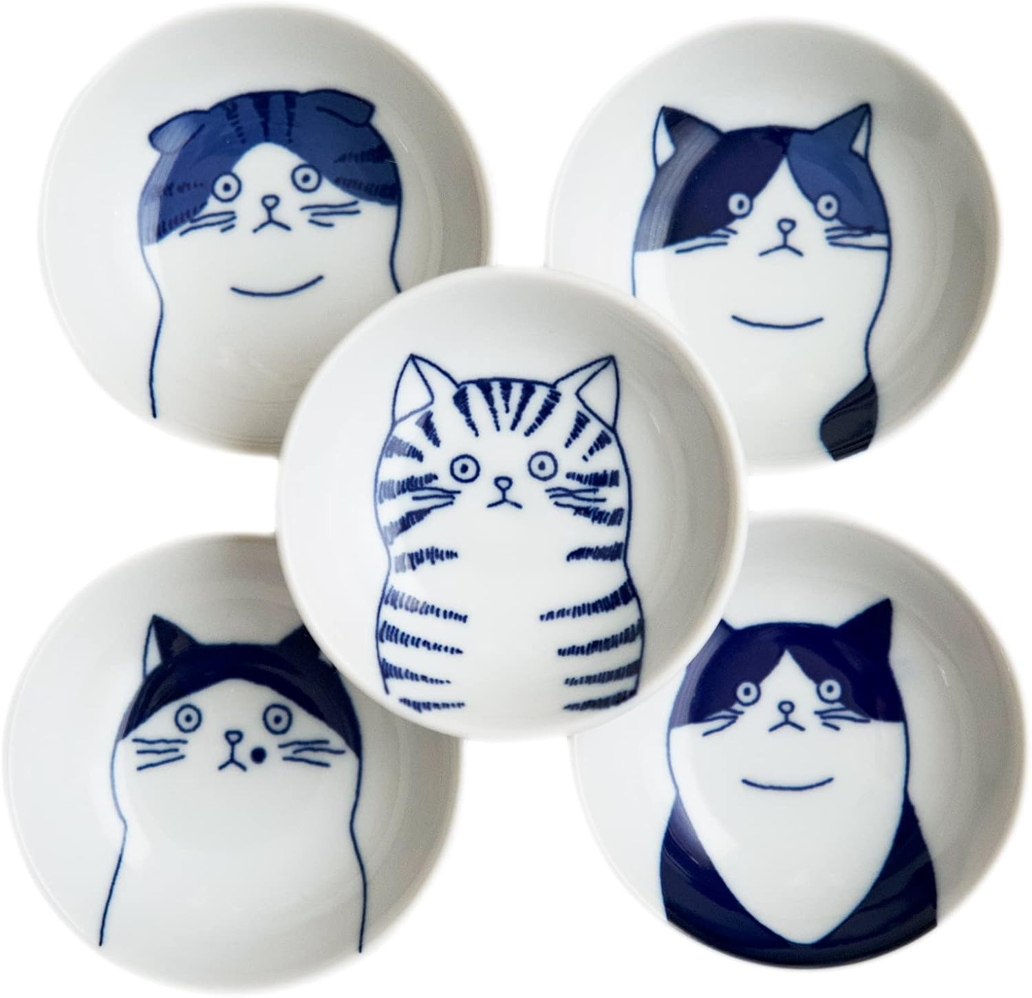 Japanese Cat Ceramic Small Plates - Set of 5 - Great Gift for Cat Lovers, 5 Cats