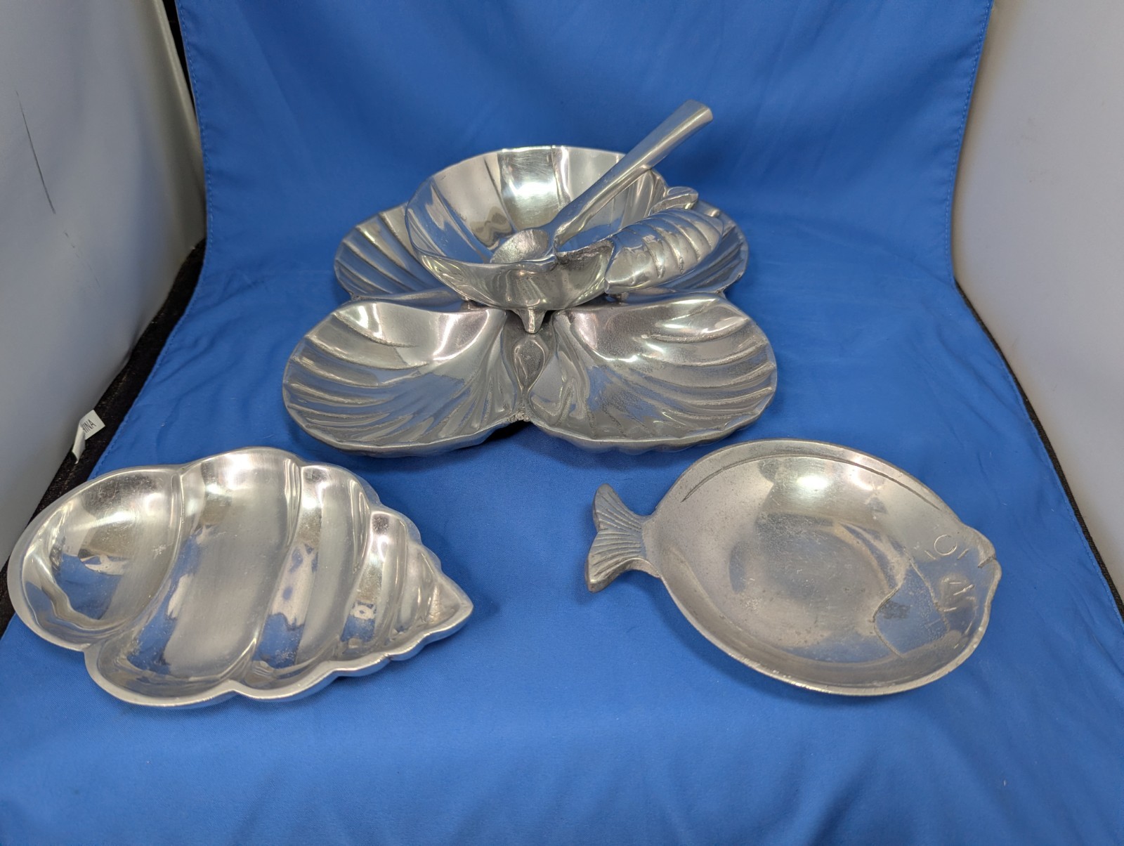 Vtg Clamshell Serving Set Lot Seashells Fish Aluminum Metal Sea Nautical Pewter