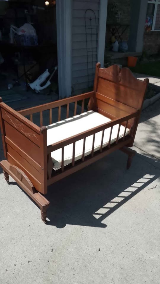 Antique Rocking Crib Cradle with locking mechanism and wheels restored