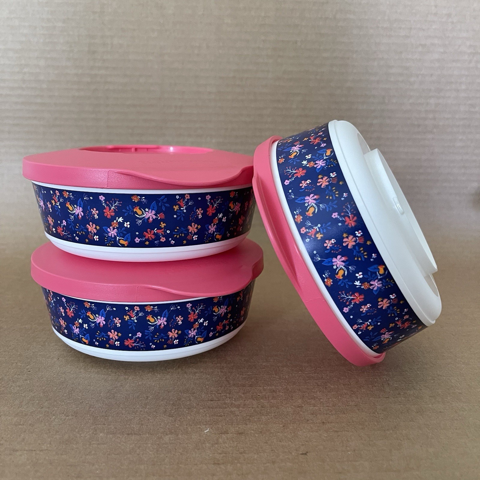 Tupperware Falling for Floral Bowl 10 oz Container Set of 3 Twist Lock Seal 7641