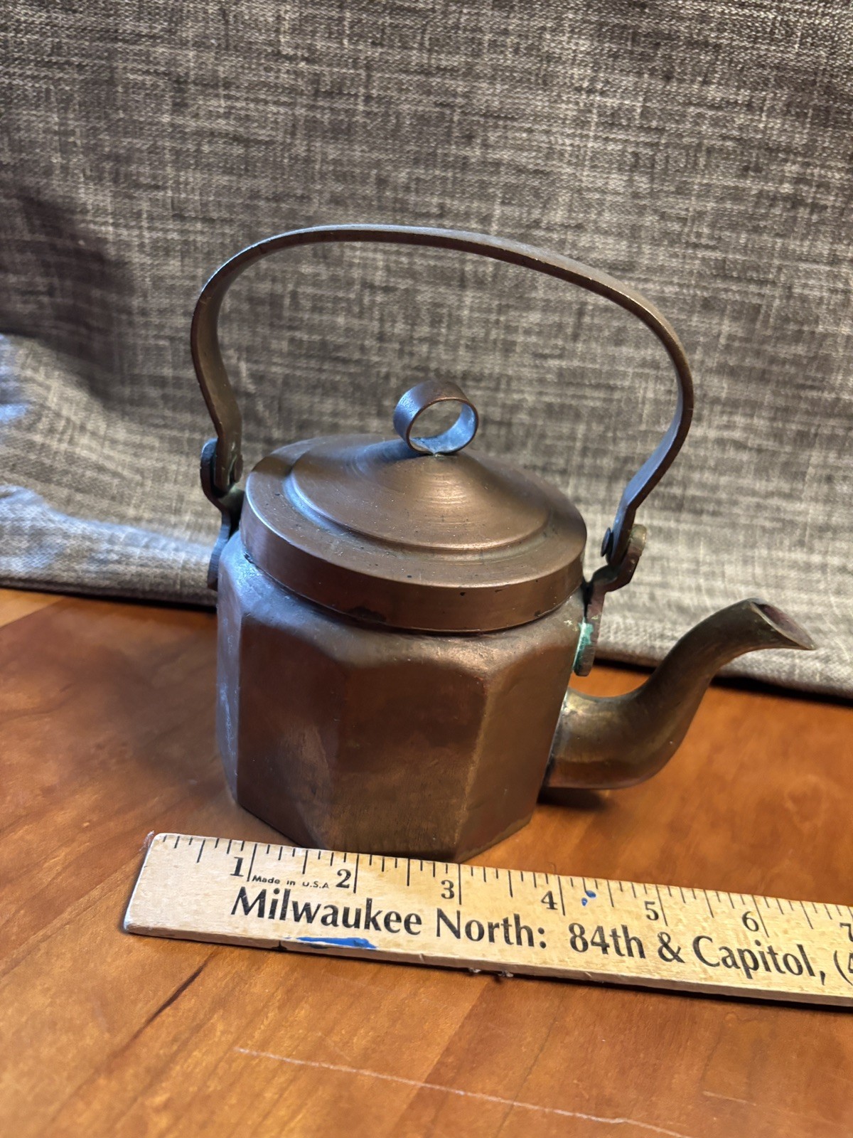 Antique Copper Tea Pot HEAVY Decagon shape Hinged Handle  Rustic