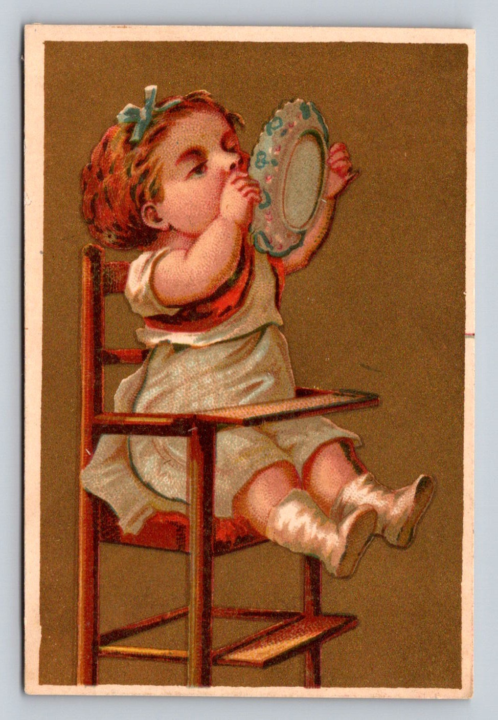 Child High Chair Eating Mrs Stevens  Fancy Goods Utica New York Trade Card P402