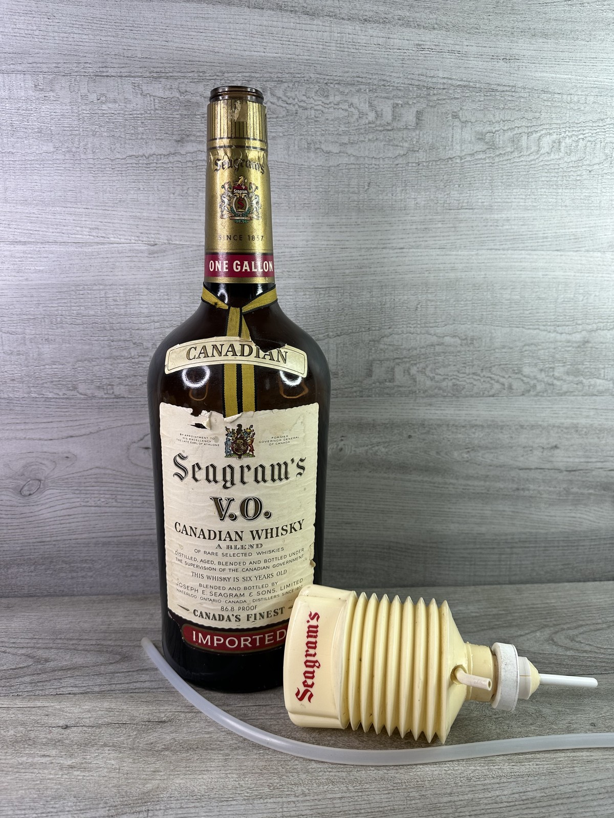 Vintage Seagram's V.O. One Gallon Empty Canadian Whisky Bottle w/ Pump Dispenser