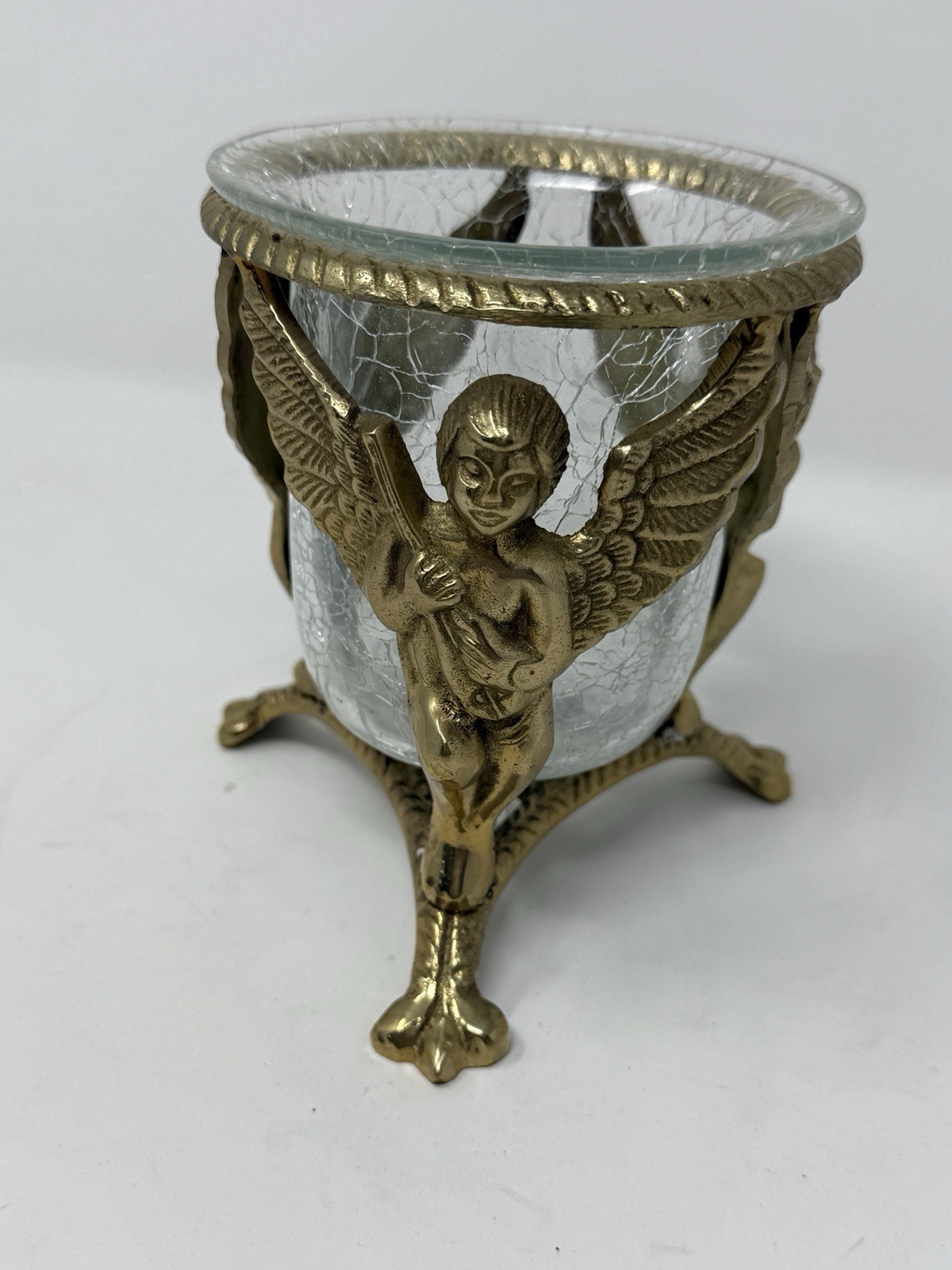 VTG BRASS PEDESTAL W/ CHERUBS CAN HOLD CRACKLE GLASS BOWL W/ CANDLE NOT INCLUDED