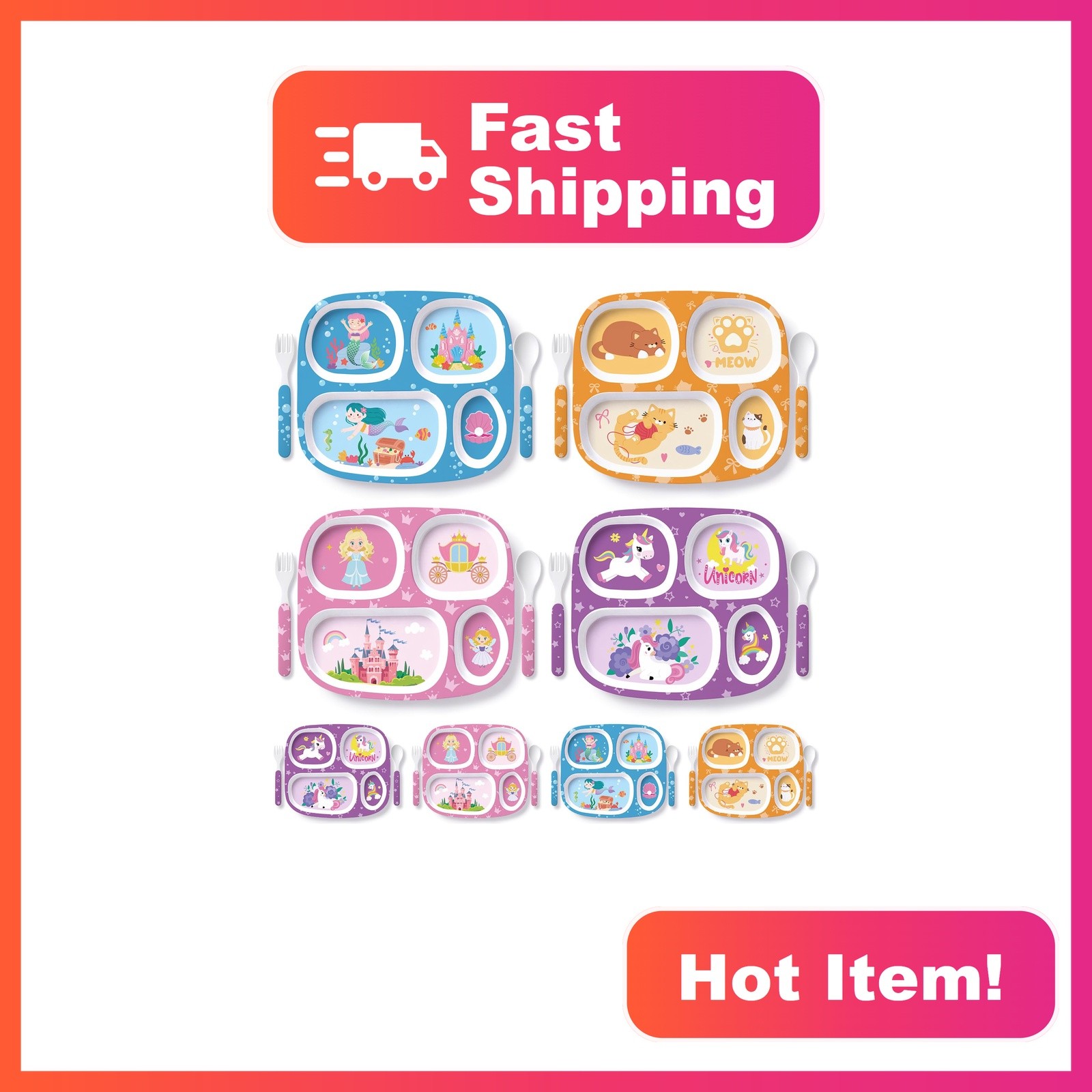 Jinei 8 Set Mermaid Unicorn Cat Plates Fork Spoon