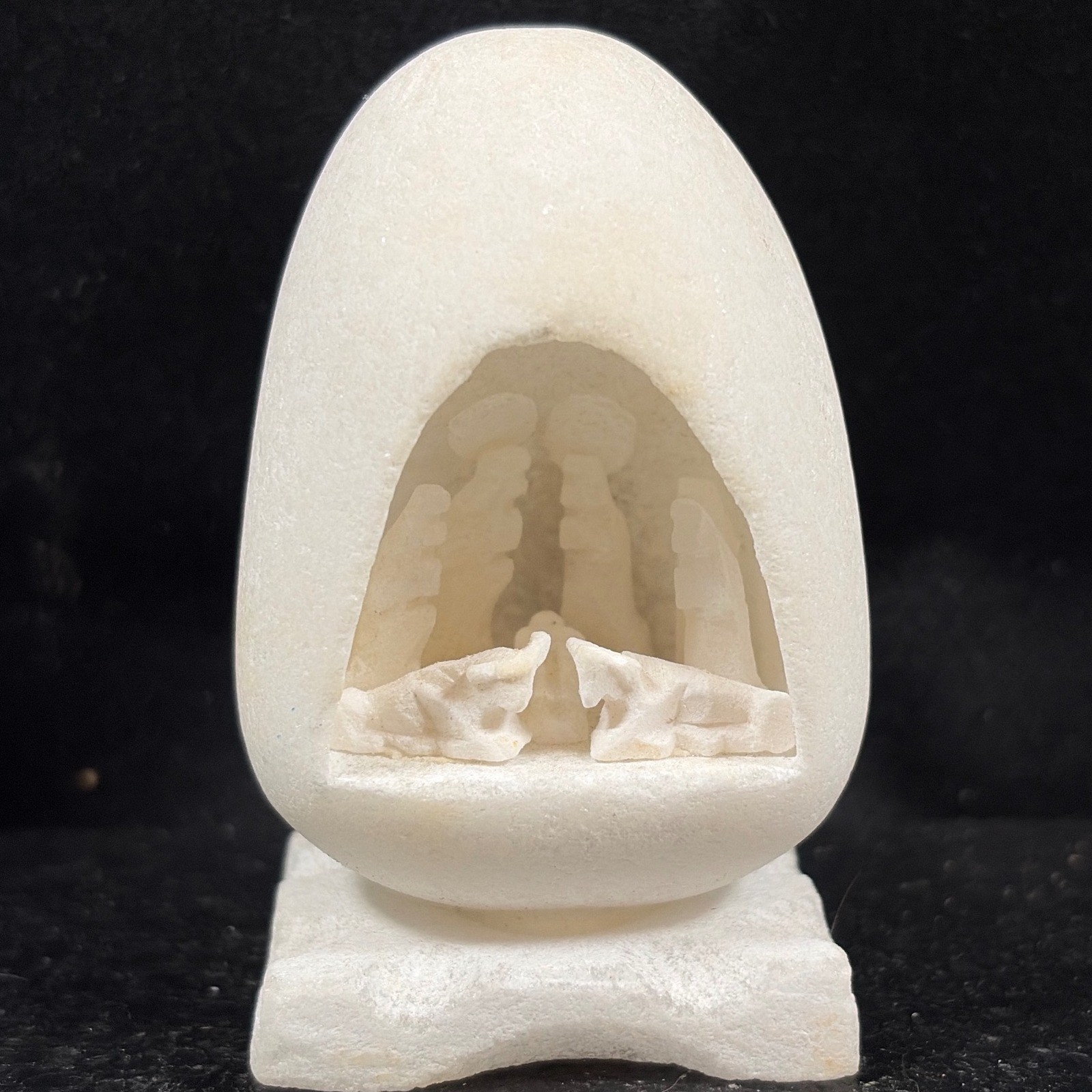 Vintage Hand Carved Stone Nativity Scene Egg Diorama White Alabaster Figurine