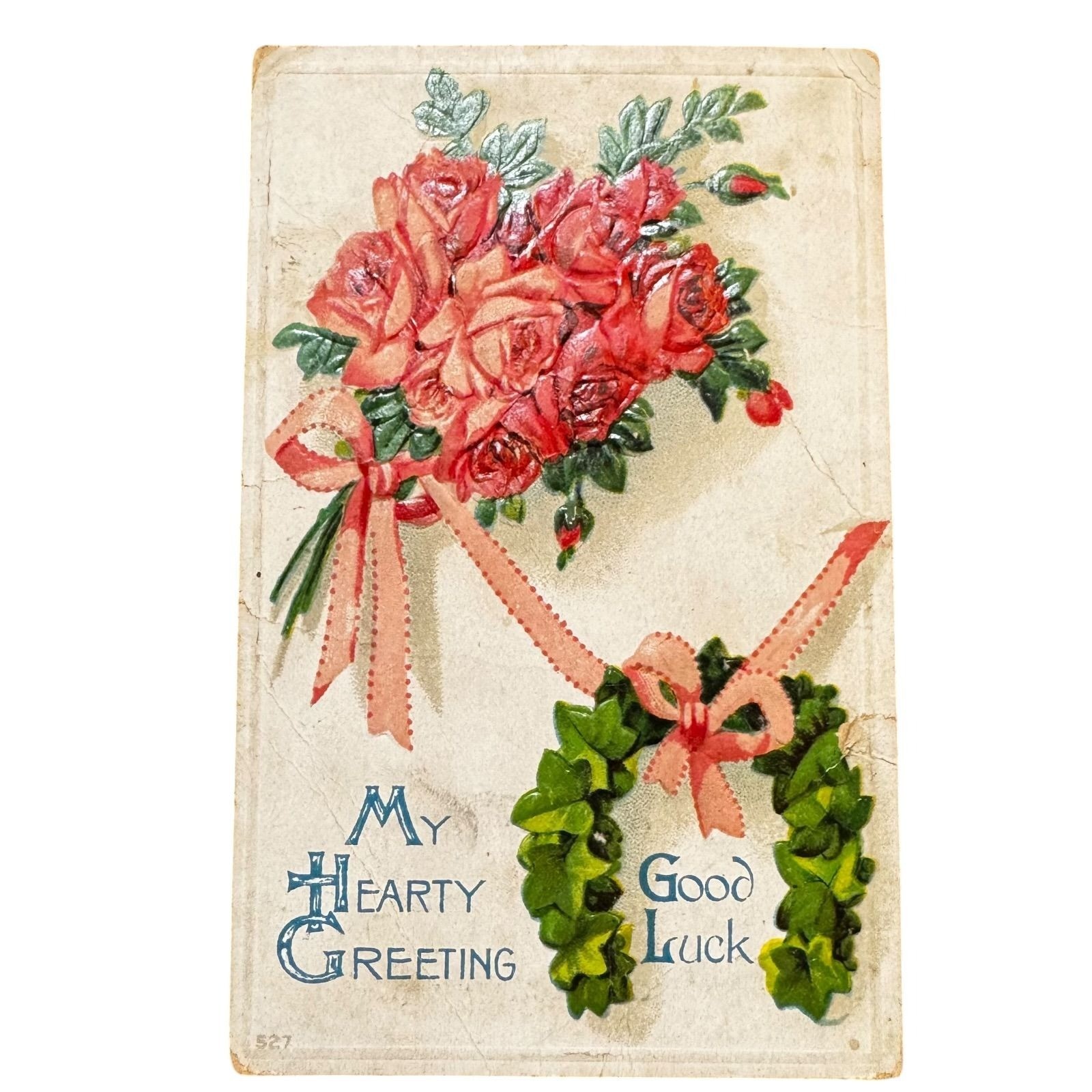 Antique 1910 Embossed Postcard Roses & Good Luck Wreath \