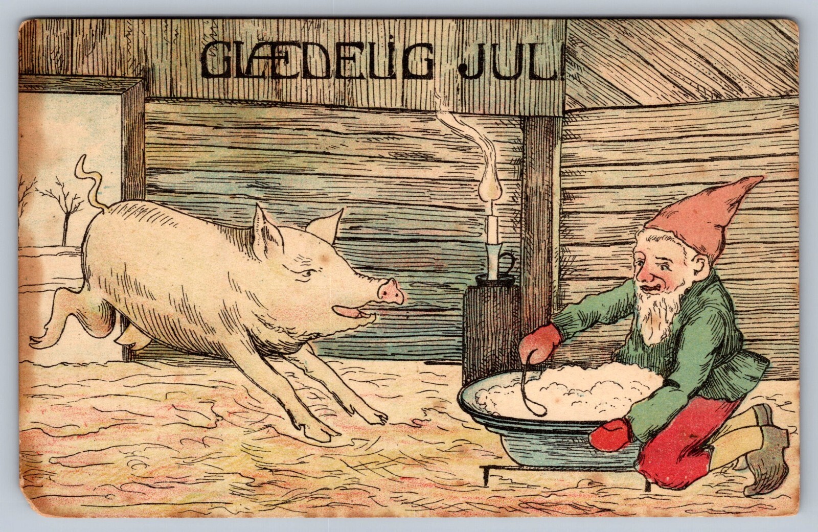 c1910 postcard GLAD YUL ELF/LAD stirs pot in barn, pig guest