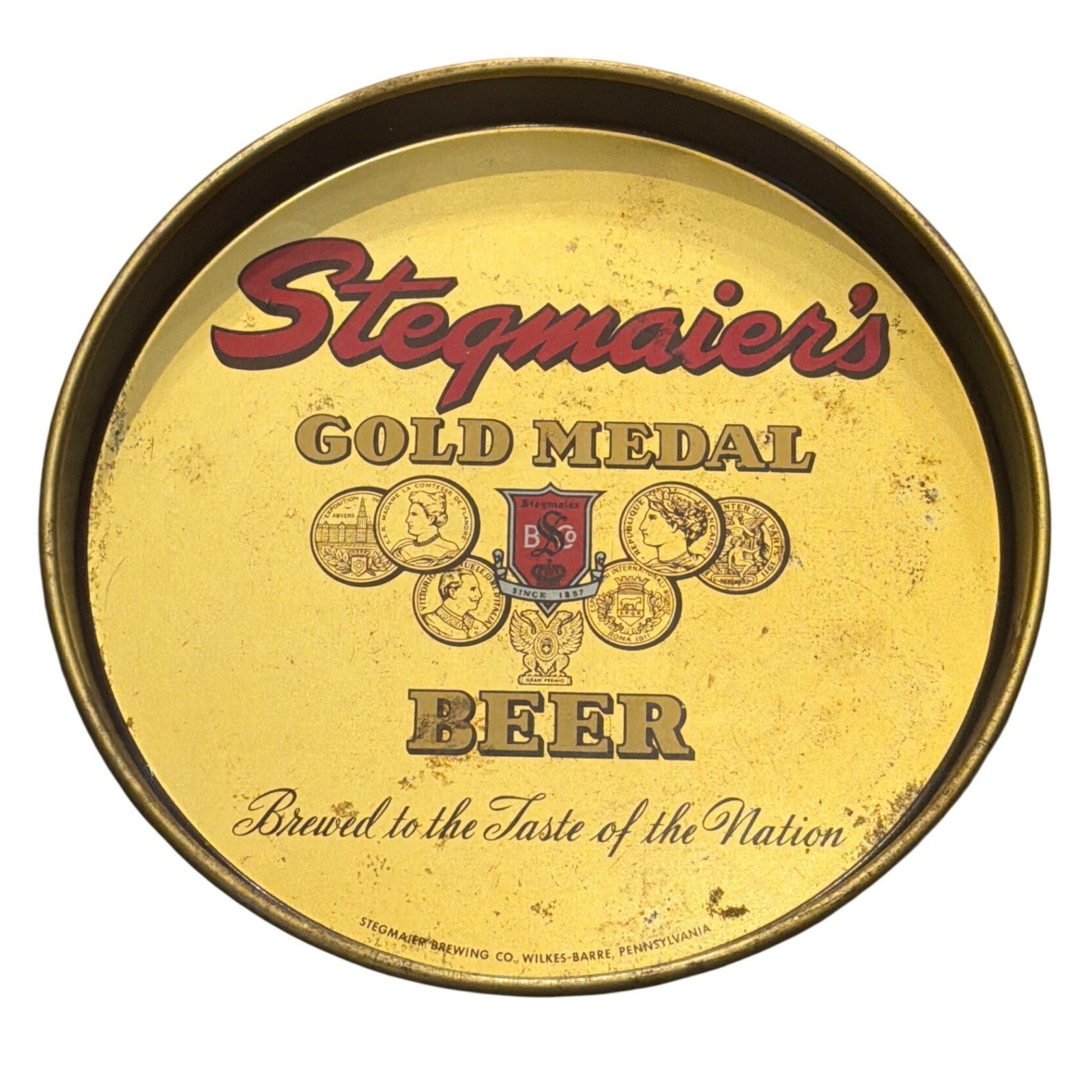 Vintage Stegmaier\'s Gold Medal Beer Metal Serving Tray Wilkes-Barre PA Yellow