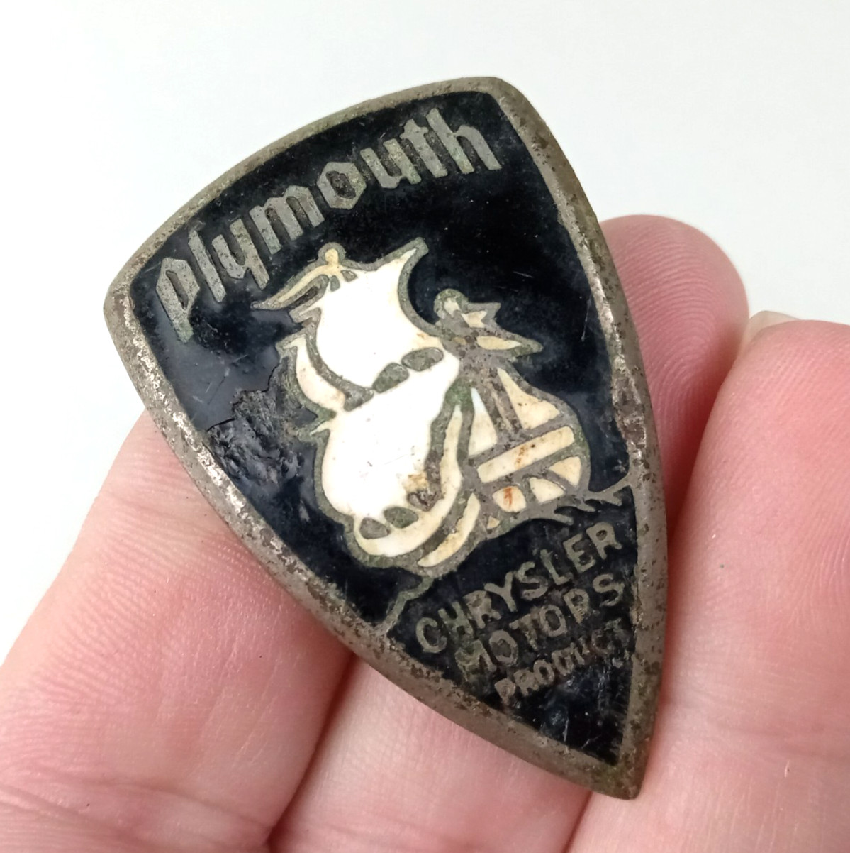 Original 1930's Plymouth Mayflower Chrysler Motors Products Emblem Badge FOX CO.