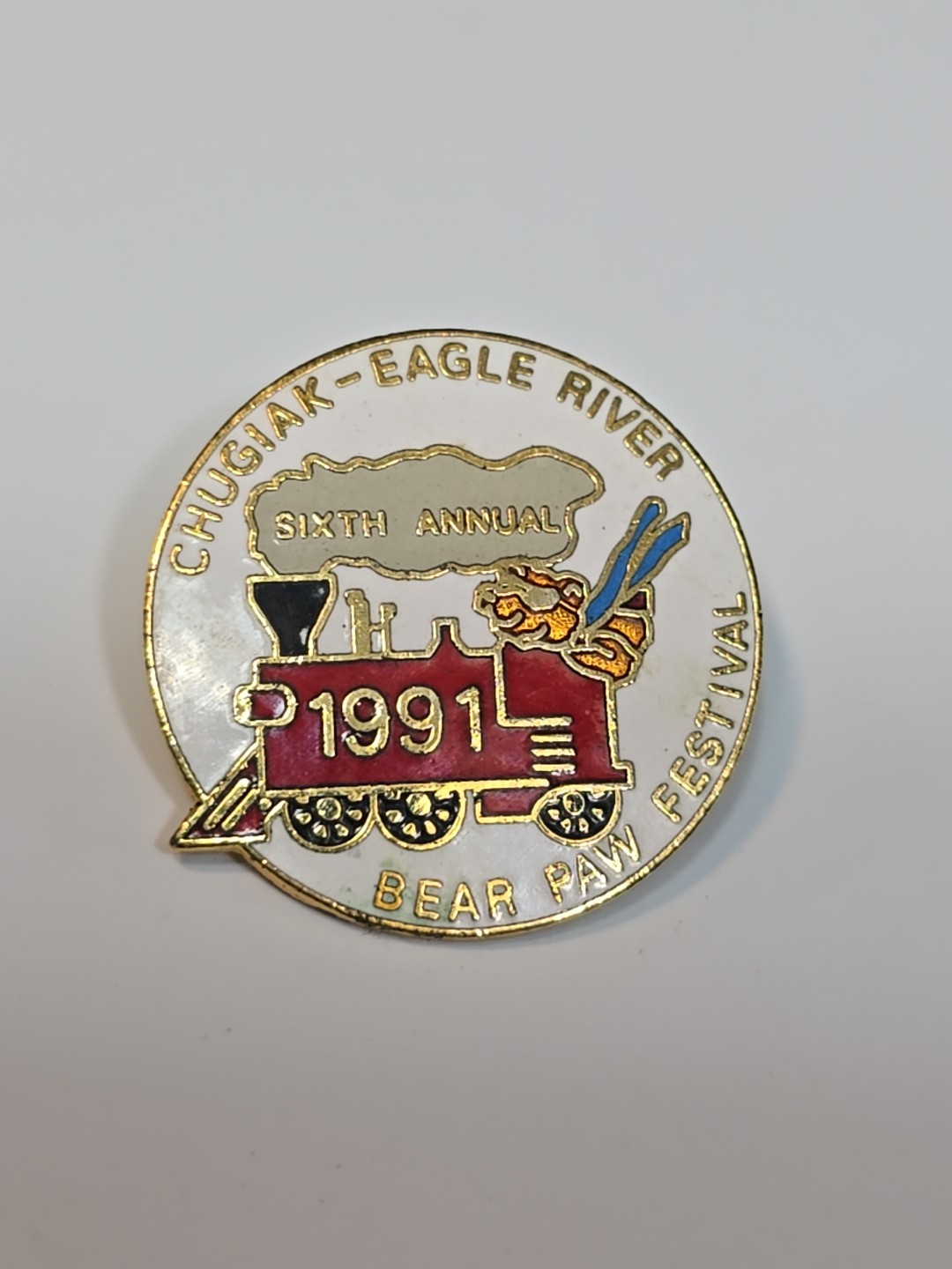Chugiak-Eagle River Bear Paw Festival 1991 Lapel Pin Alaska 6th Annual Train