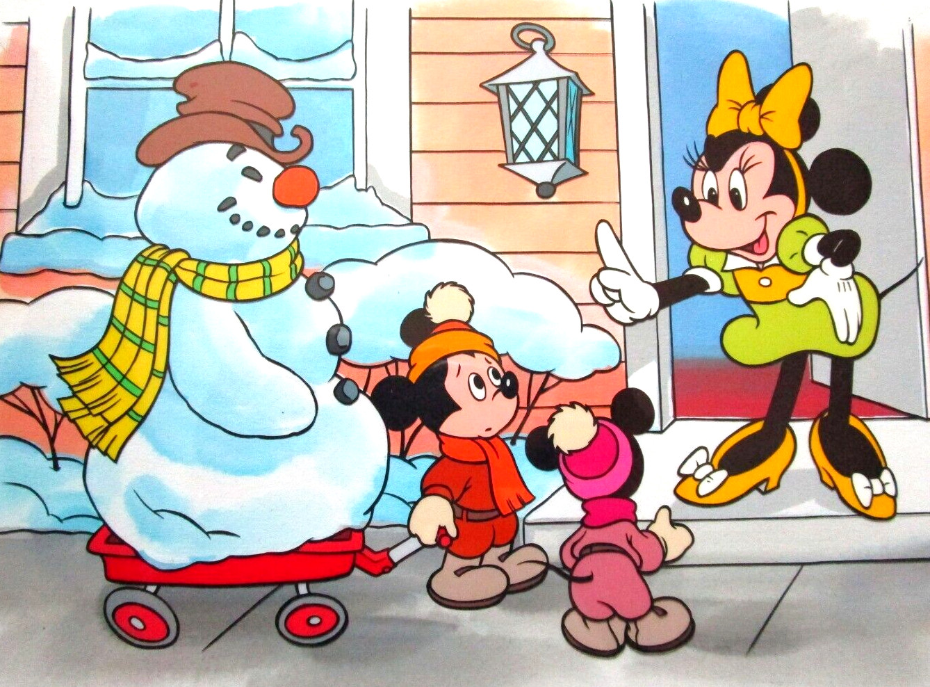 Mickey MINNIE MOUSE WALT DISNEY ORIGINAL BACKGROUND + CEL for BOOK snowman wagon