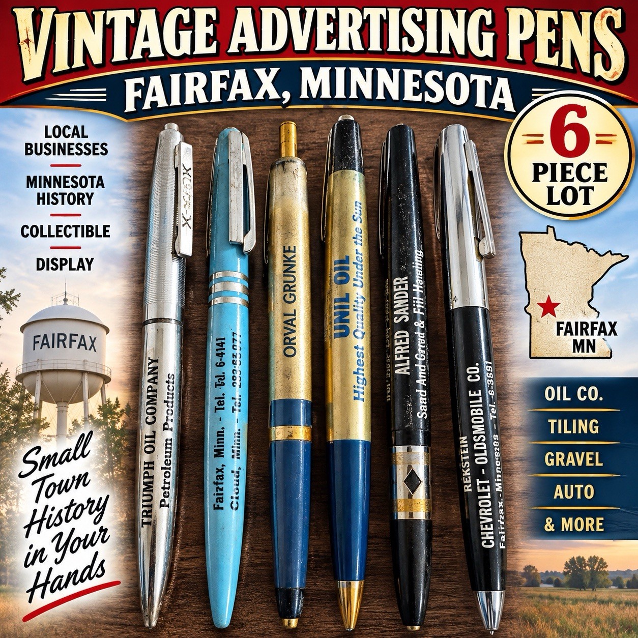 VTG Fairfax Minnesota Advertising Pens Lot 6 Orval Grunke Oil Sander Local