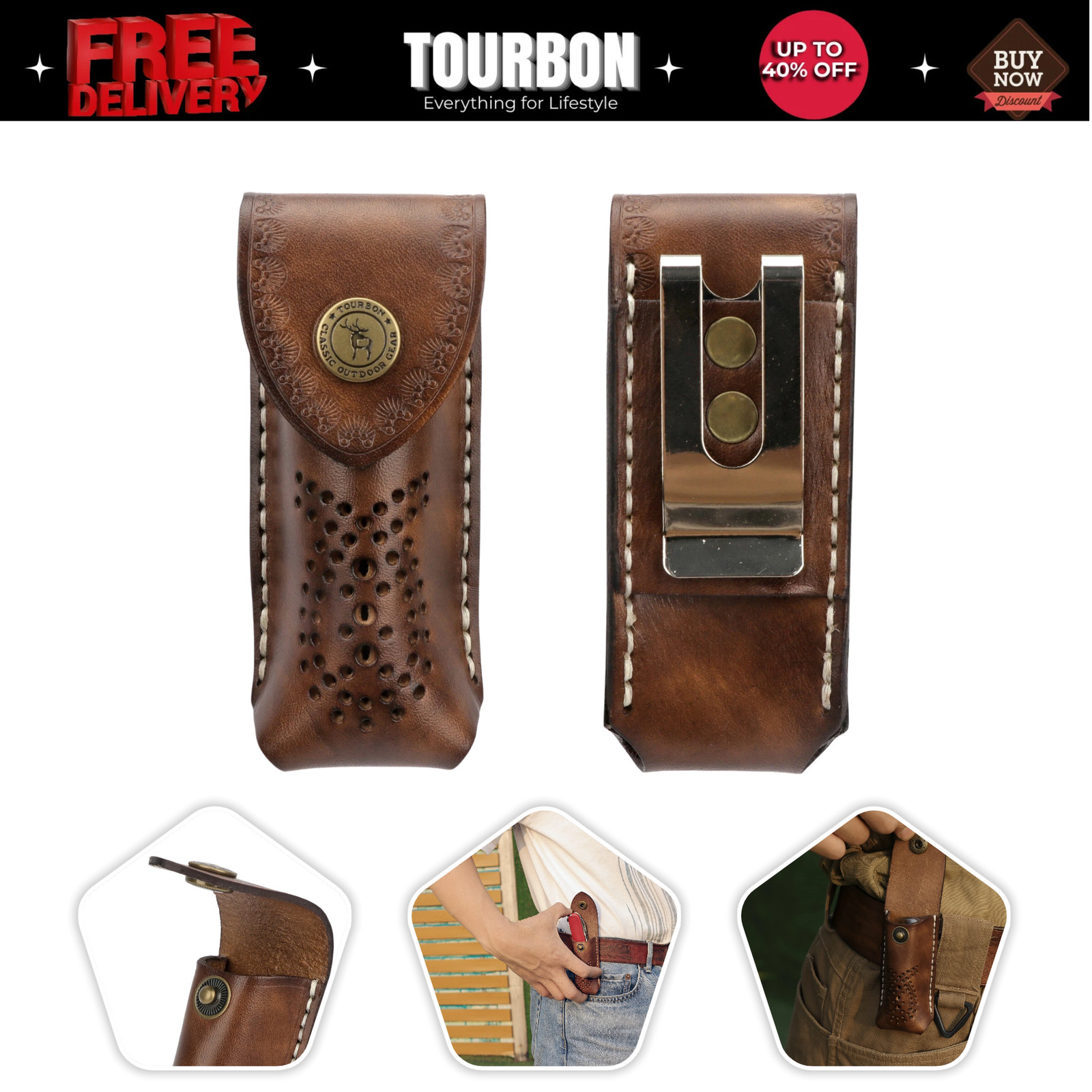 Tourbon Genuine Leather Pocket Knife Sheath EDC Belt Clip Folding Blade Holder