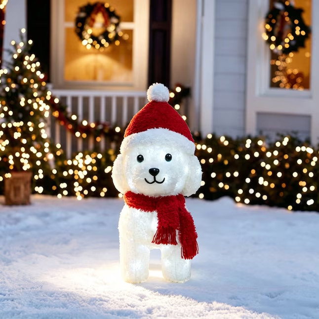 2-FT CHRISTMAS BICHON FRISE DOG IN SANTA HAT TINSEL LIGHTED OUTDOOR YARD DECOR.