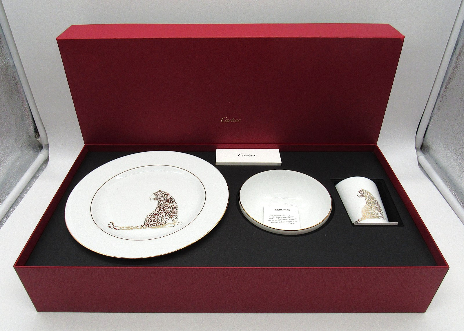Cartier Panthère Porcelain 3-Piece Set Plate Bowl Cup Gift Box France NIB
