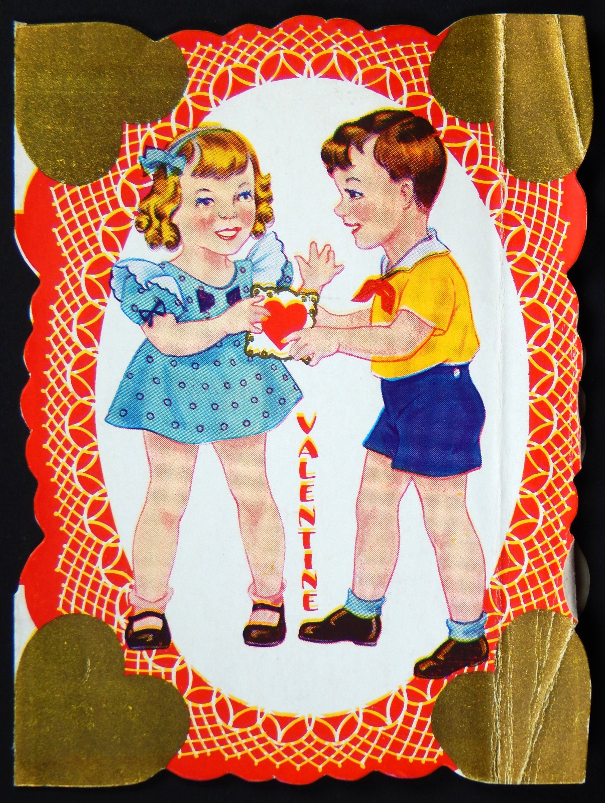 1930s VALENTINE CARD CUTE LITTLE GIRL AND BOY EXCHANGE A CARD FOLD OUT USA VTG