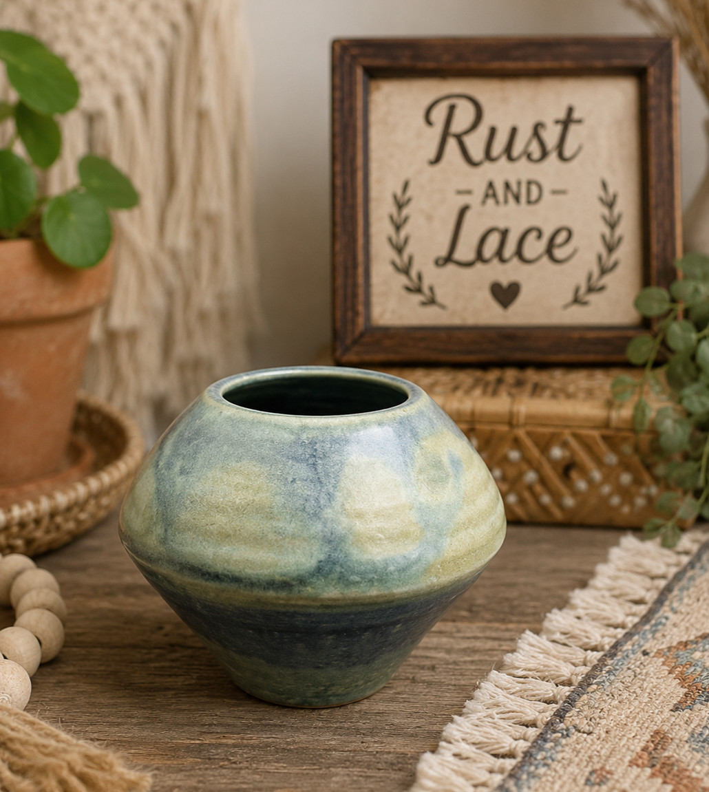 Vintage Signed Studio Art Pottery Vase Aqua Blue Green MCM 5x6
