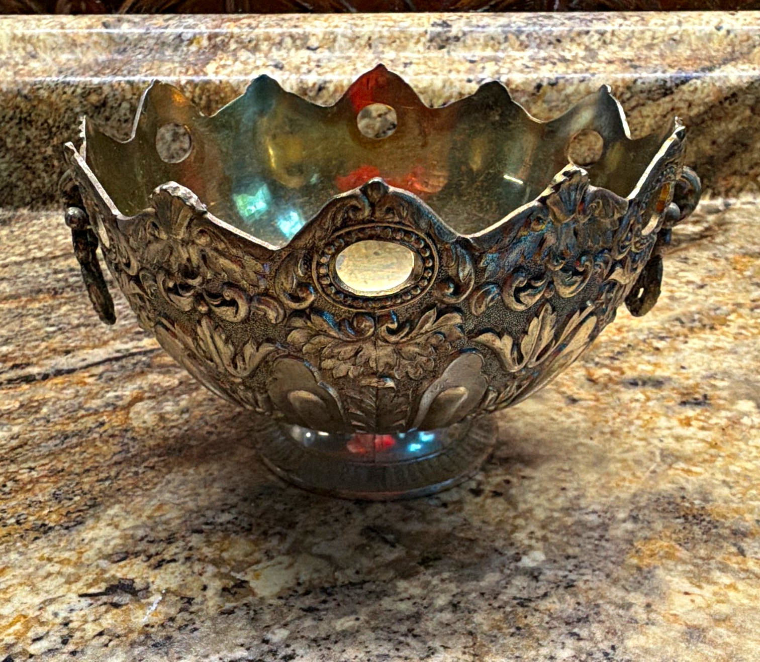 Japan Tarnish Resistant Silver Plate Footed Pierced Rim Bowl Approx 5 in. Vntg 