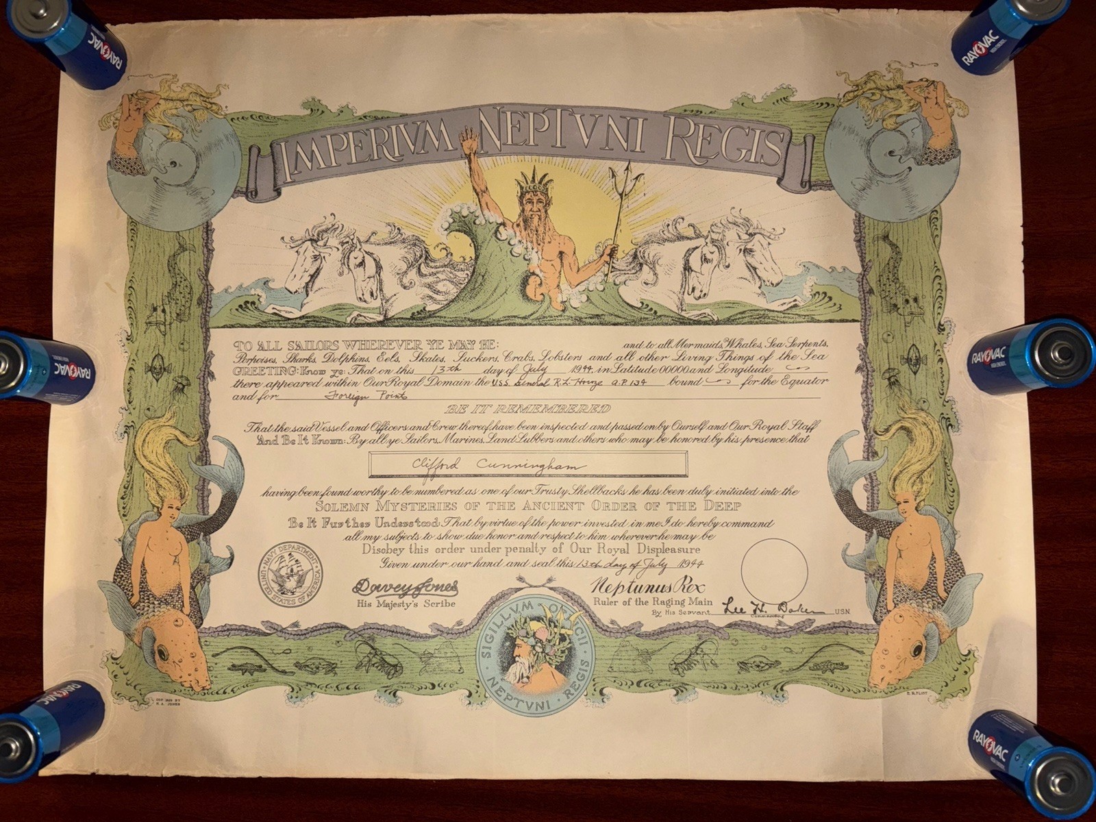 WWII 1944 USS General R L Howze AP-134 Navy Shellback Certificate w/ Tube