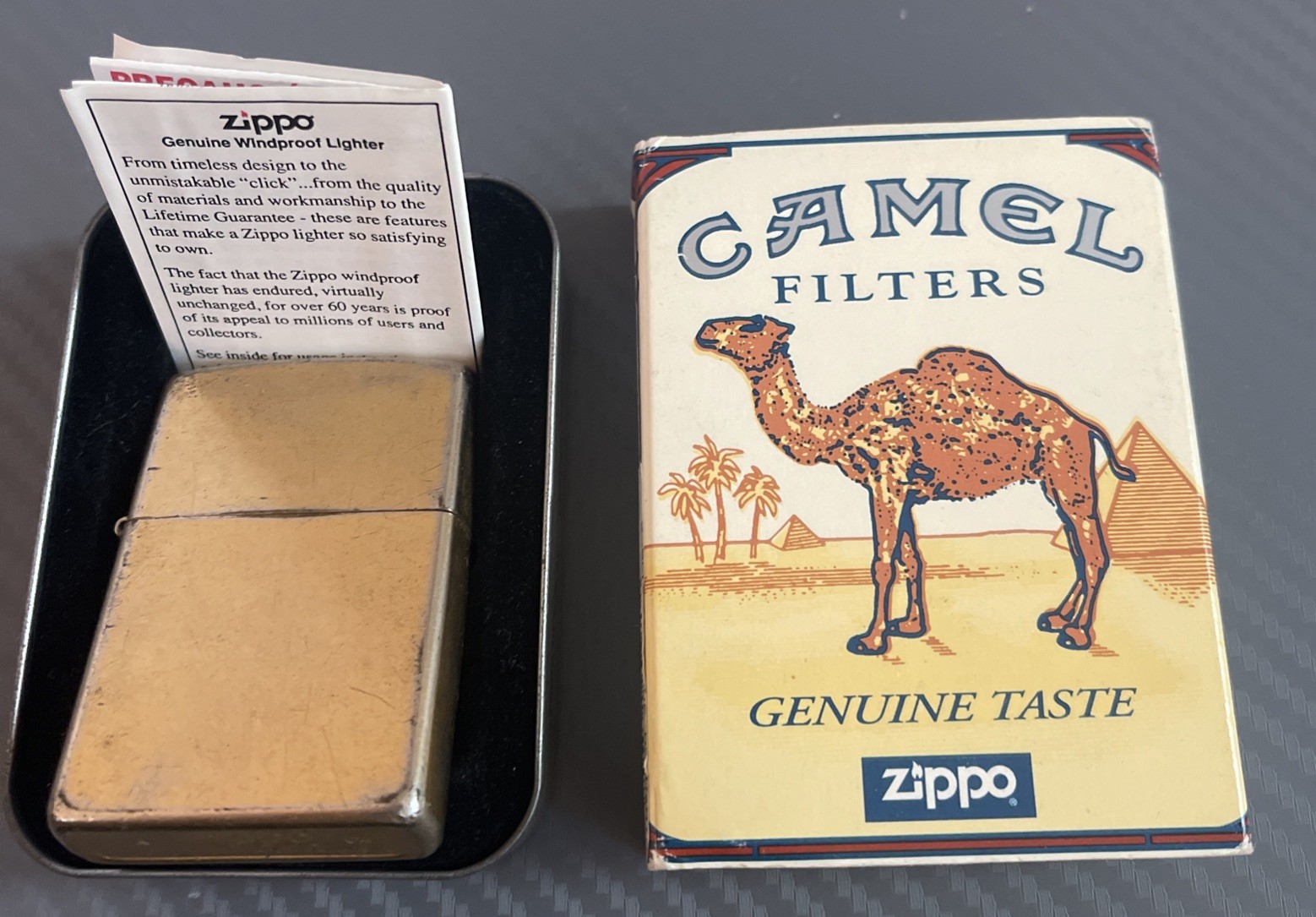 Vintage Camel Genuine Taste Partial Box & Antique Brass Zippo Lighter