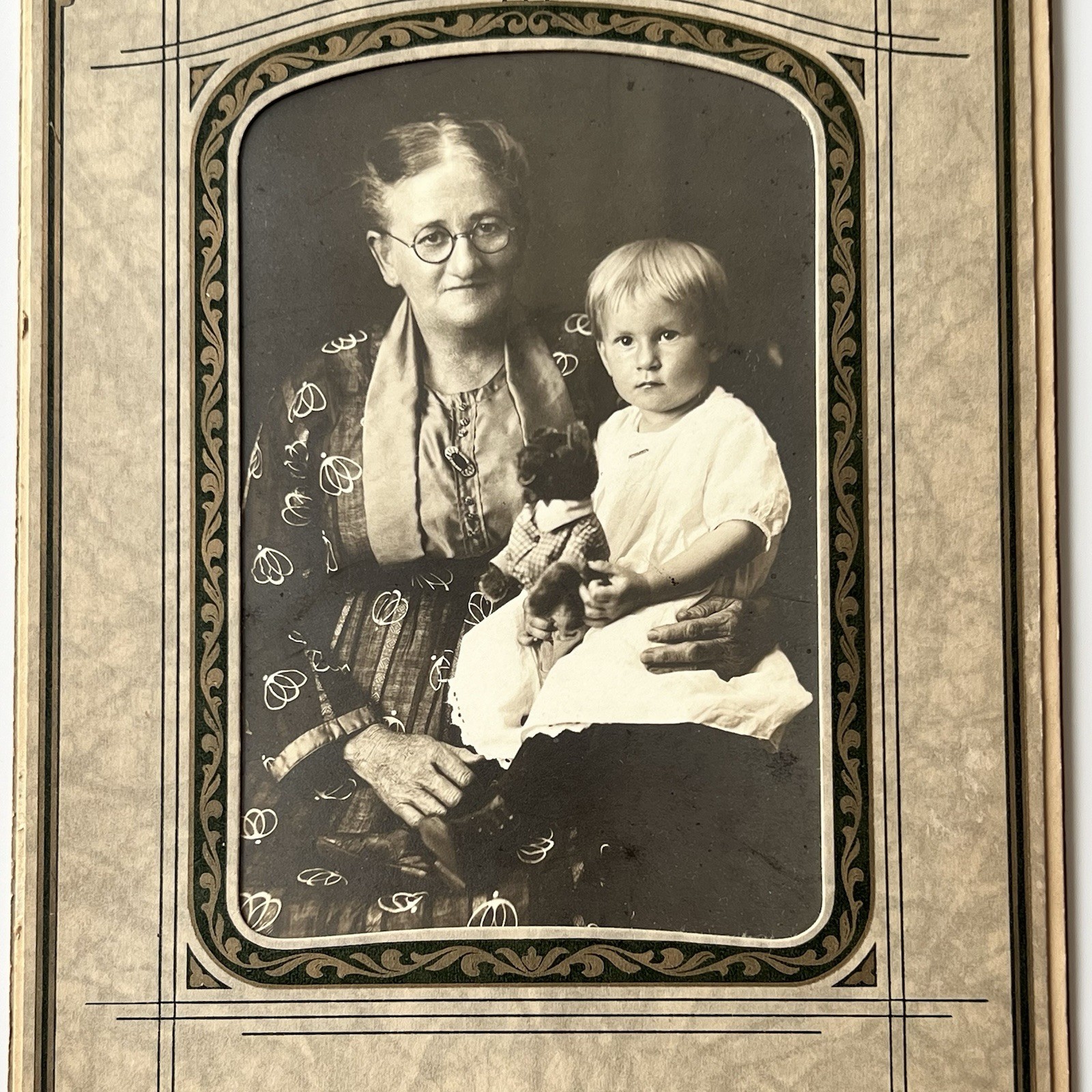 Antique Trifold Photograph Adorable Little Boy Grandma Bear Toy Lebanon PA