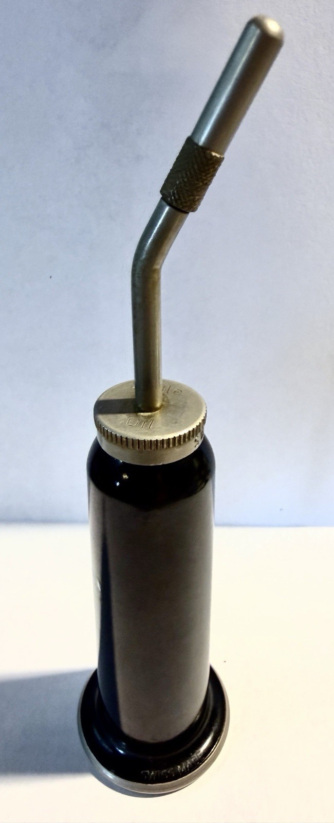 Vintage Huile Oil Thumb Pump Antique Oiler Can +Cap ELNA Swiss Made Vg Condition
