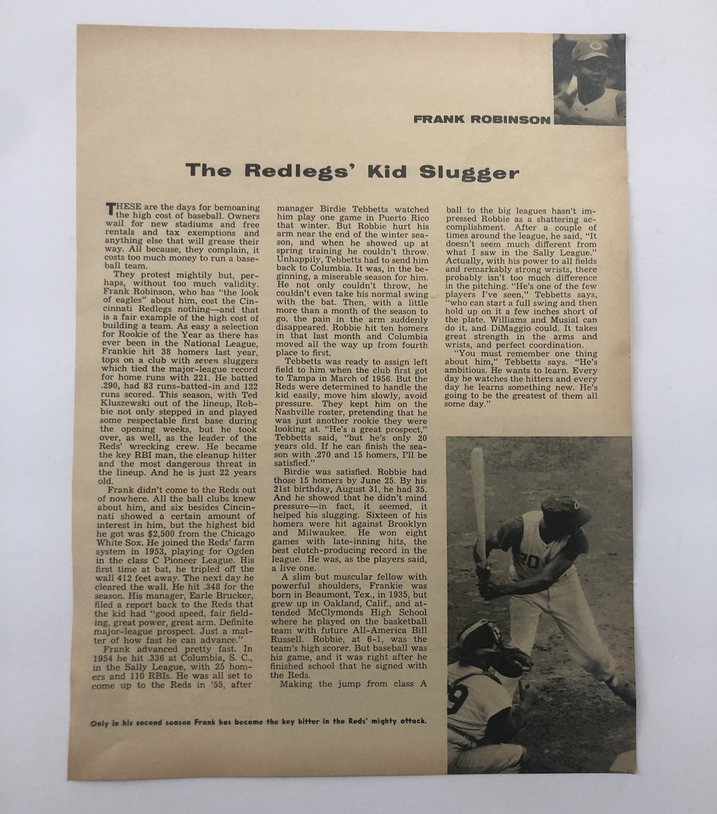 1950’s Sports Article Baseball Frank Robinson “The Redlegs Kid Slugger” 