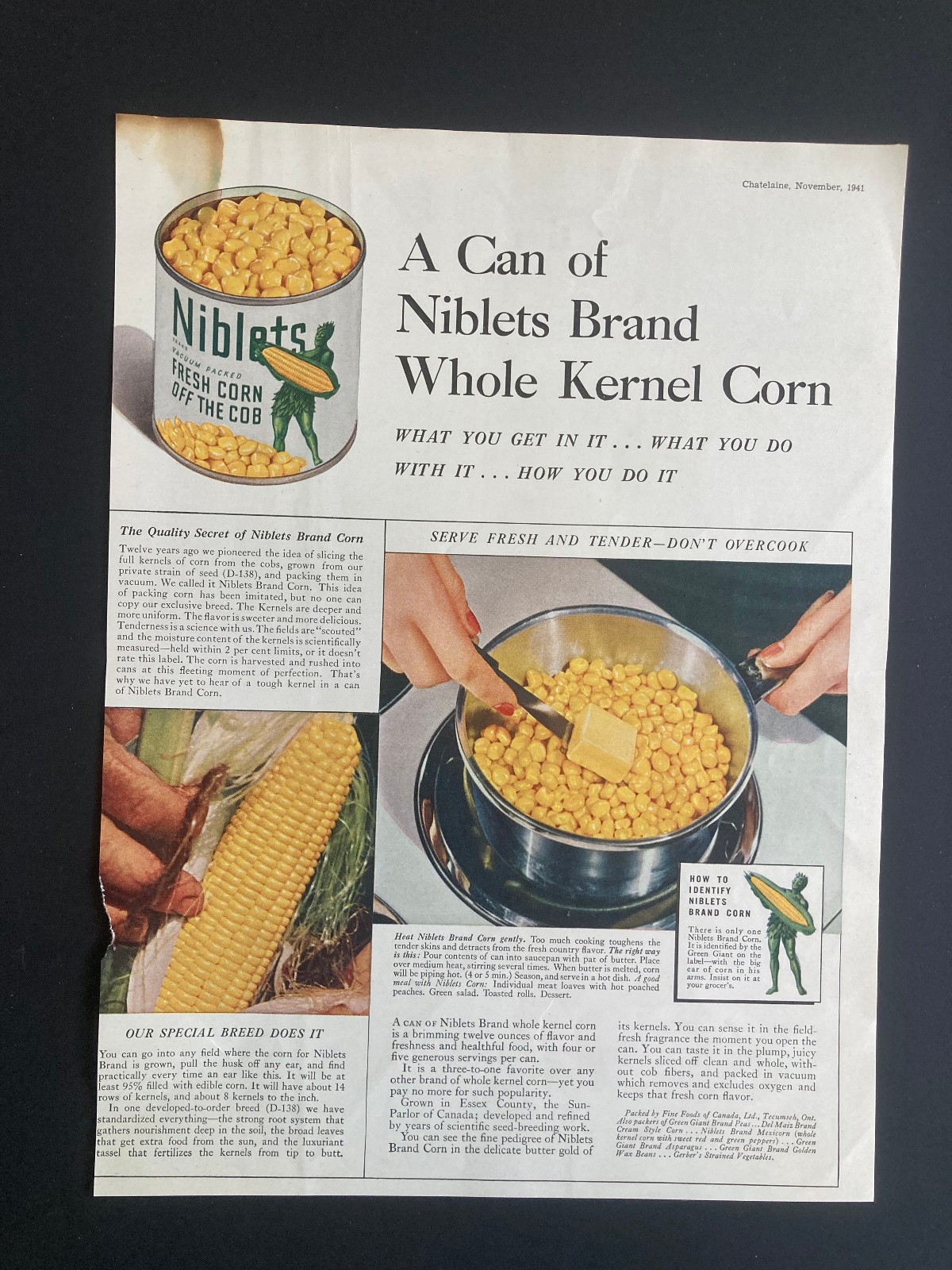 1941 CANADA CANADIAN AD JOLLY GREEN GIANT NIBLETS CORN TECUMSEH ONTARIO