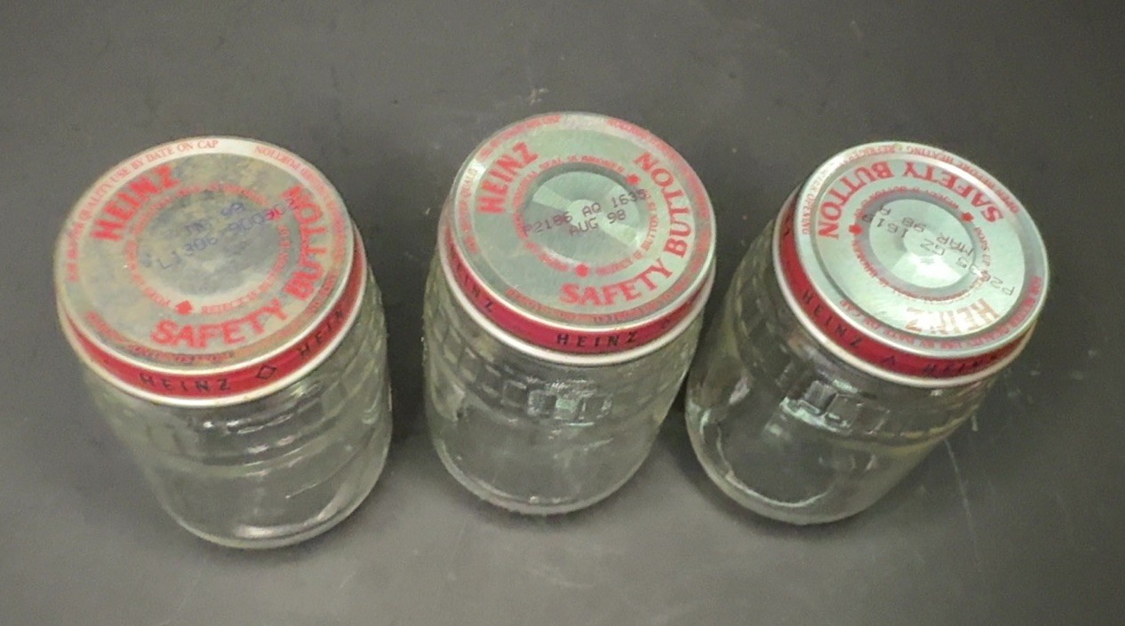 Lot of 3 Vintage Heinz Glass Jars Red Safety Button Metal Lids 1998 Retro