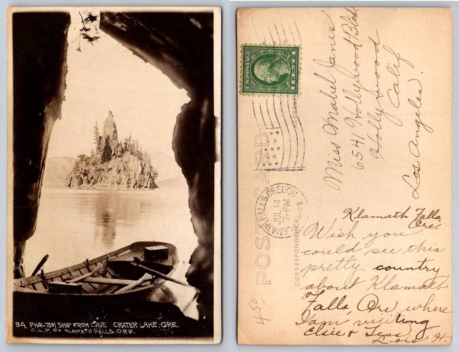 1923 Phantom Ship Crater Lake Oregon RPPC Postcard Rowboat Cave View 1923 Phantom Ship Crater Lake Oregon RPPC Postcard Rowboat Cave View