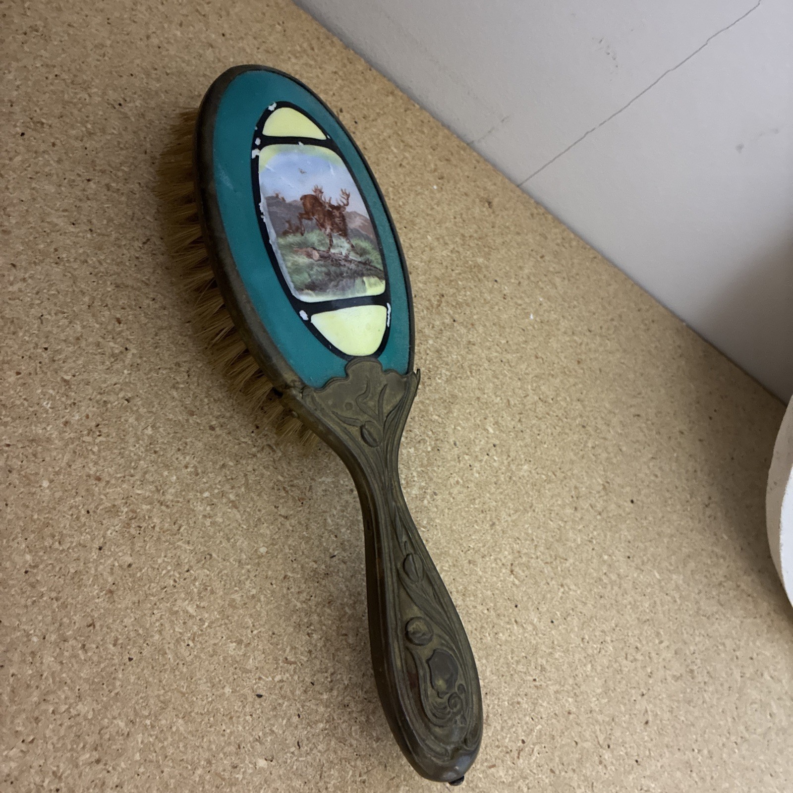 Gorgeous Antique Vanity Hair Brush Porcelain & Brass See Pictures
