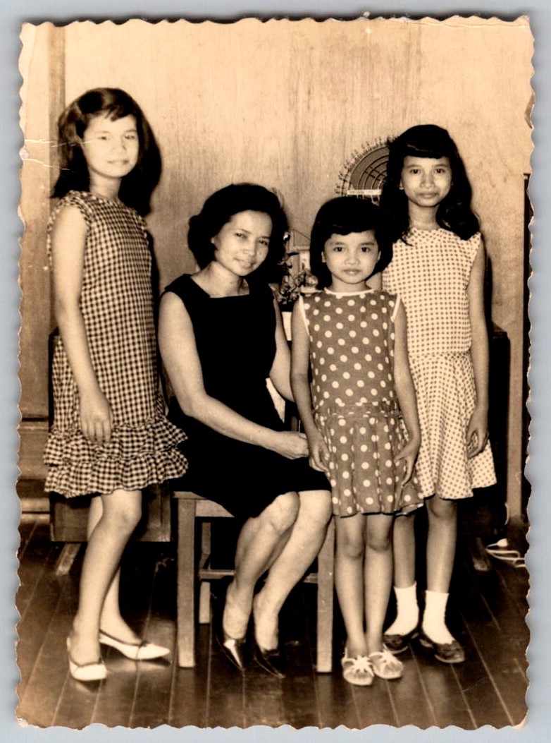 Vtg B&W Snapshot Asian Mother Daughters Girls Gingham Polka Dot Dresses 1960s