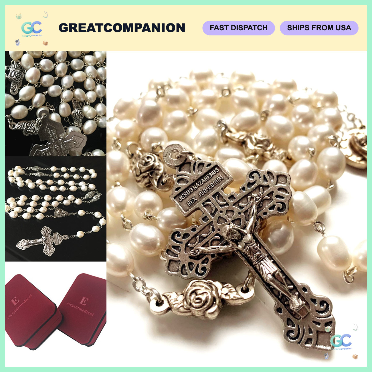 Elegant 8-9MM Natural Real Pearl Rosary Necklace with Crucifix & Gift Box