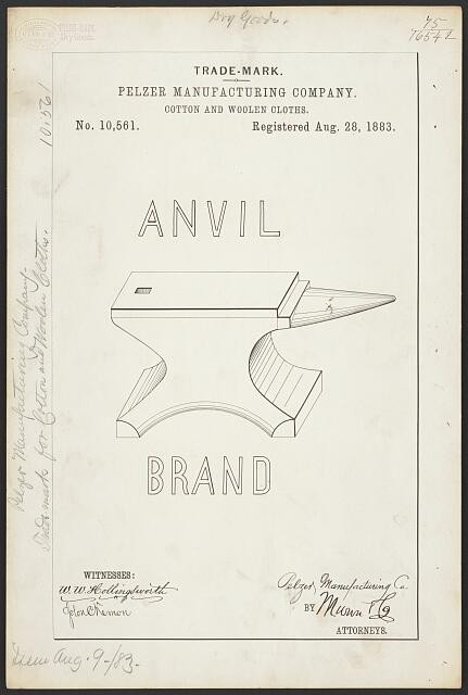 Photo:Pelzer Manufacturing Company Anvil Brand Trademark Registration 1883